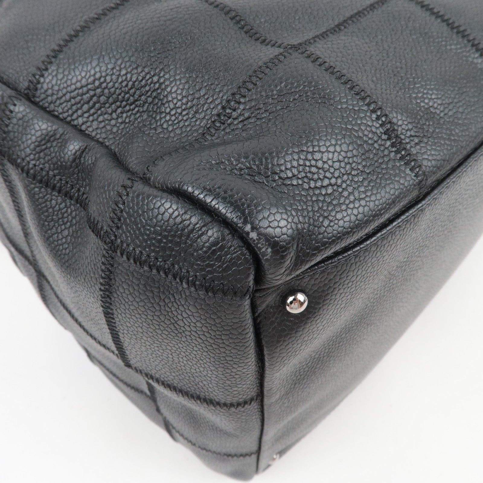 CHANEL Chocolate Bar Caviarskin Mini Boston Bag Black Silver HDW A26135