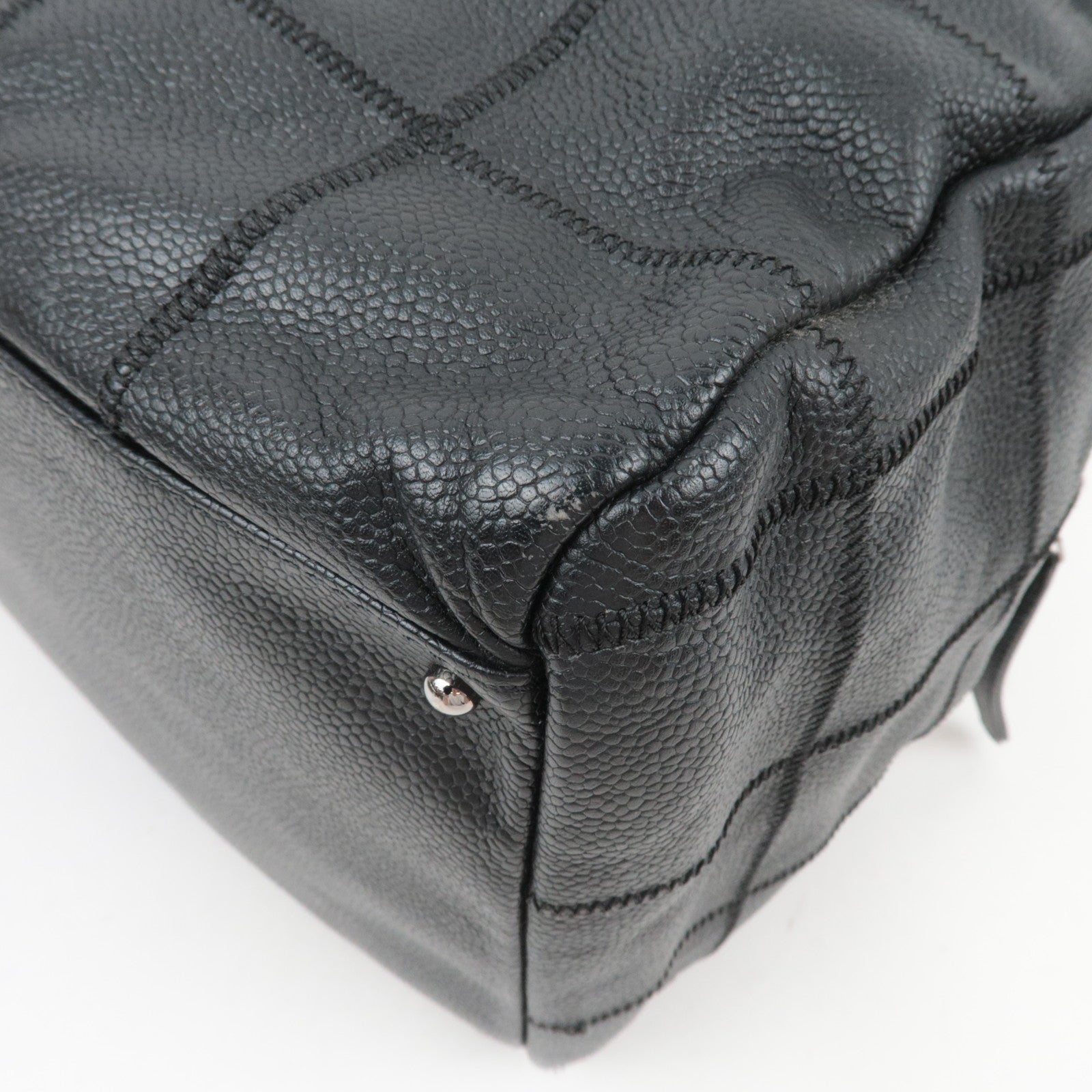 CHANEL Chocolate Bar Caviarskin Mini Boston Bag Black Silver HDW A26135