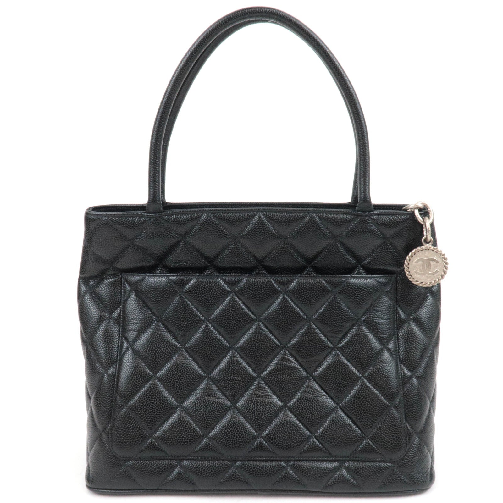 CHANEL Medallion Tote Bag Caviarskin Black Silver HDW A01804