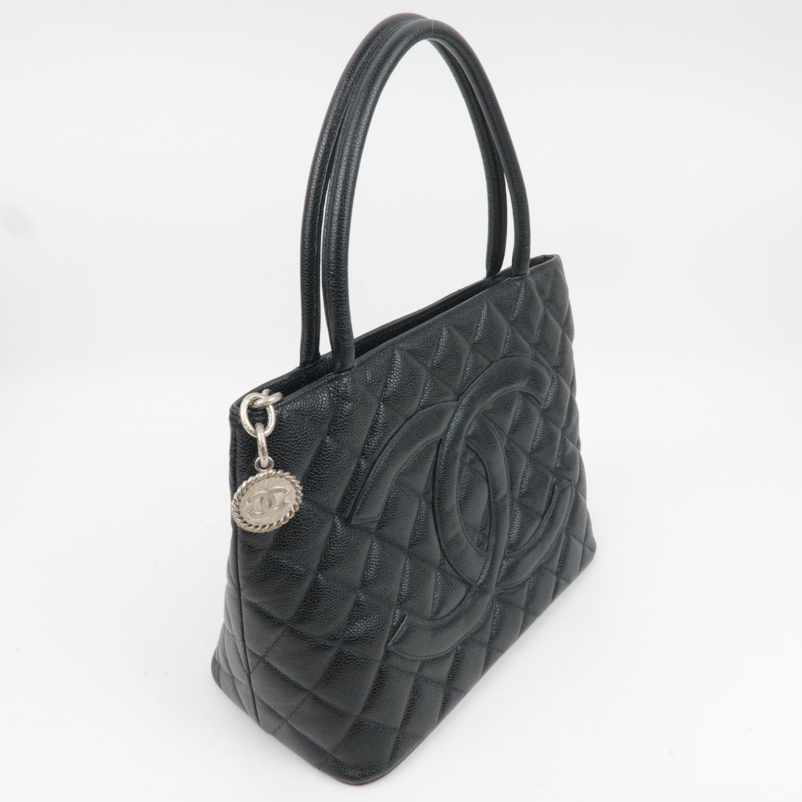 CHANEL Medallion Tote Bag Caviarskin Black Silver HDW A01804