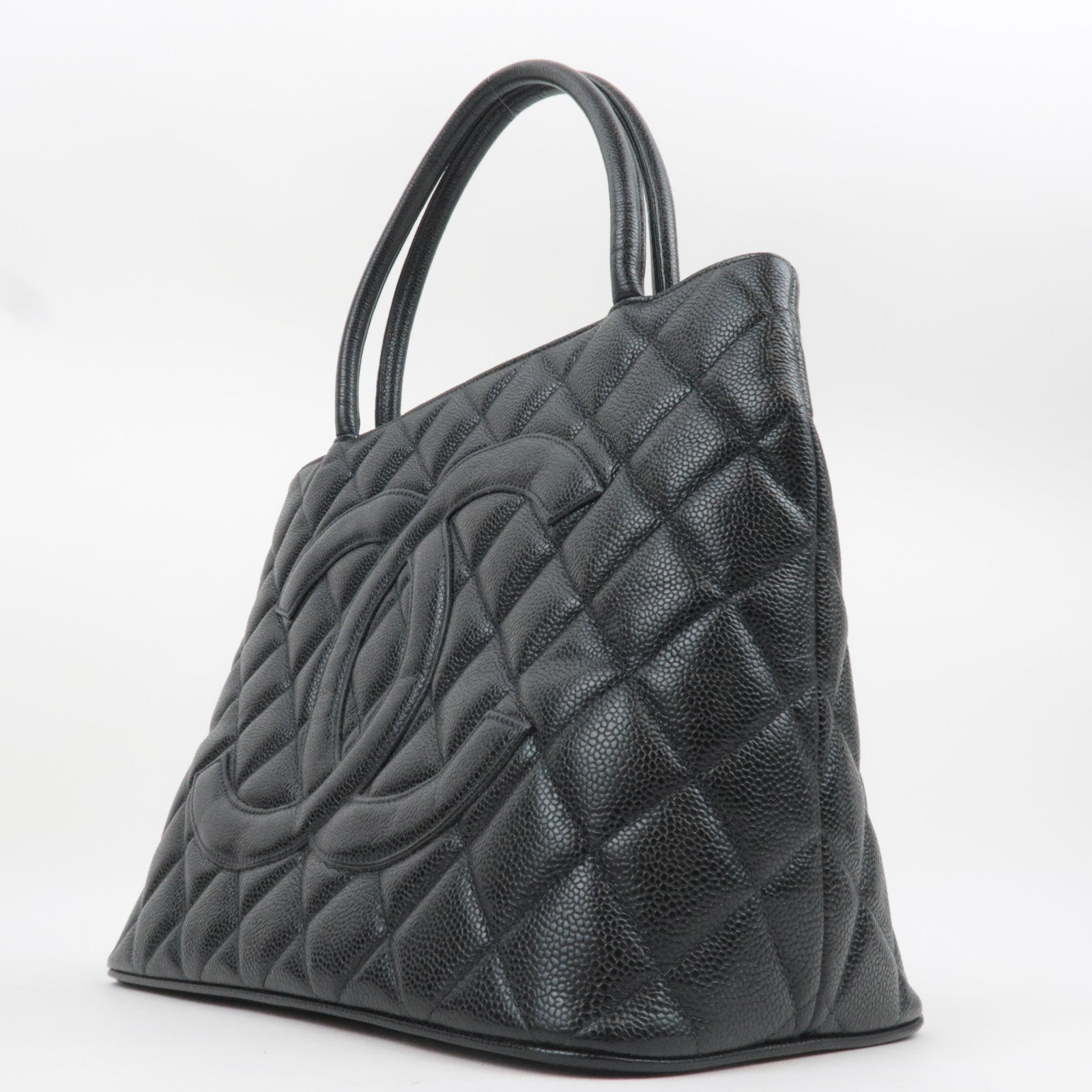 CHANEL Medallion Tote Bag Caviarskin Black Silver HDW A01804