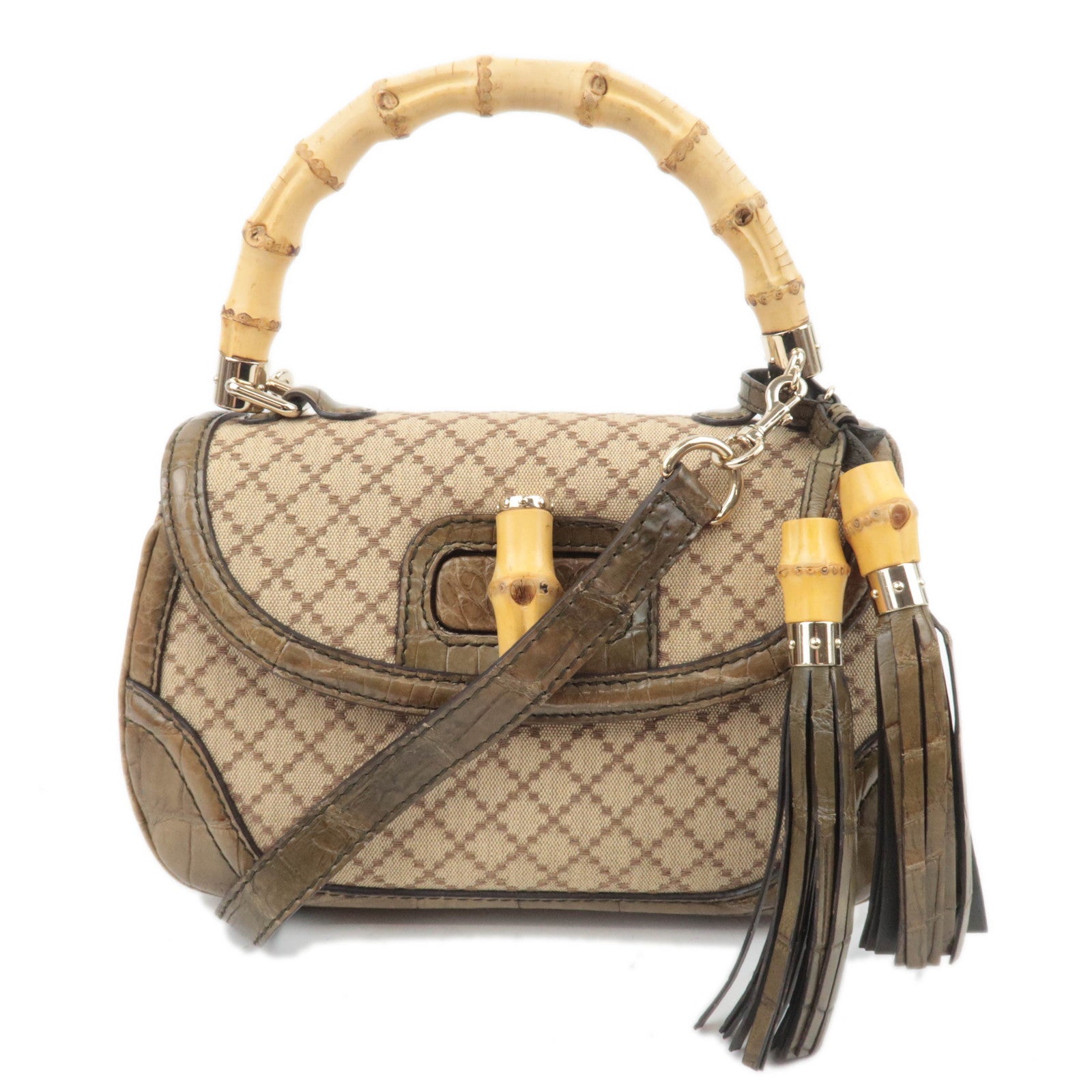GUCCI New Bamboo Diamante 2Way Leather Handbag Beige Khaki 25488489165