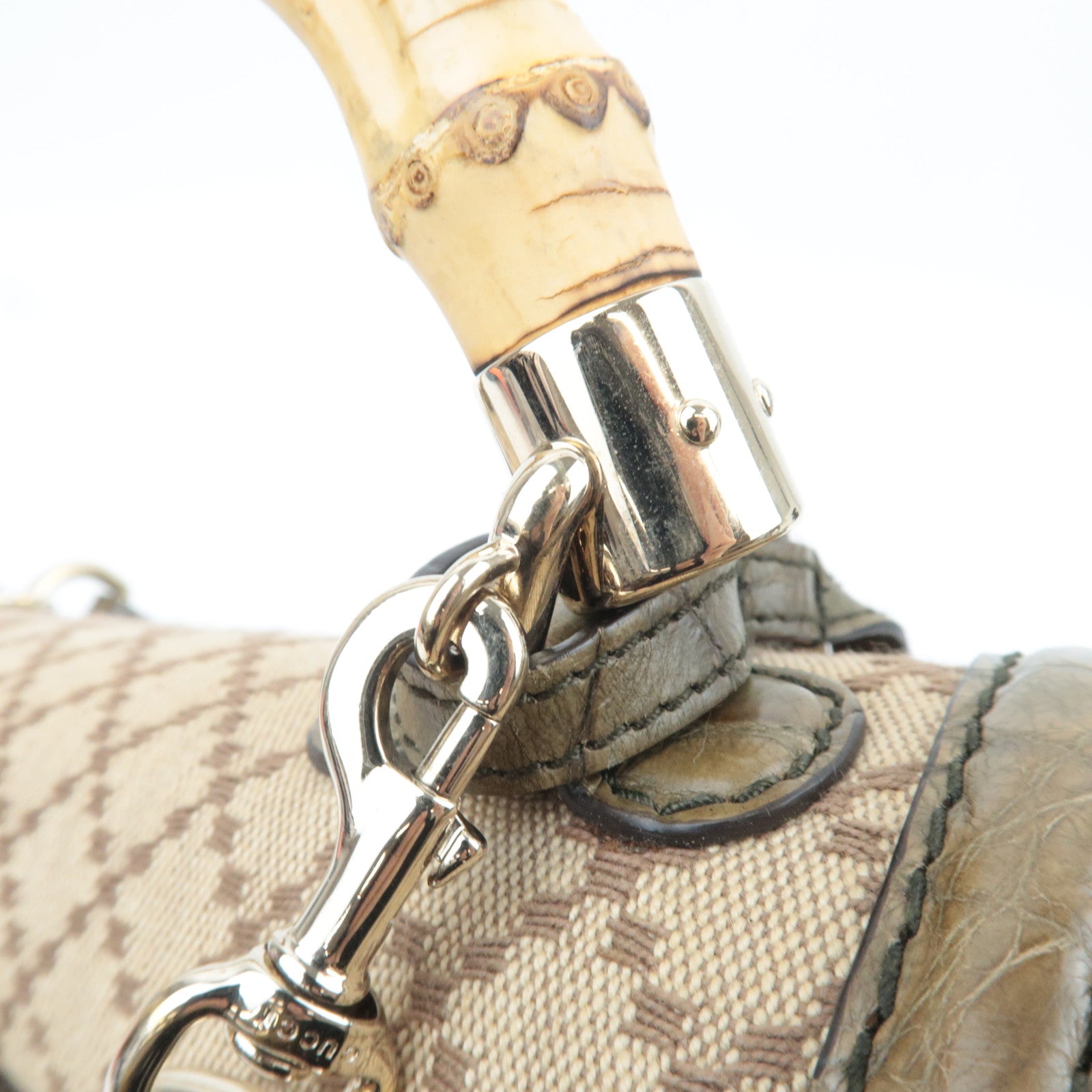 GUCCI New Bamboo Diamante 2Way Leather Handbag Beige Khaki 254884