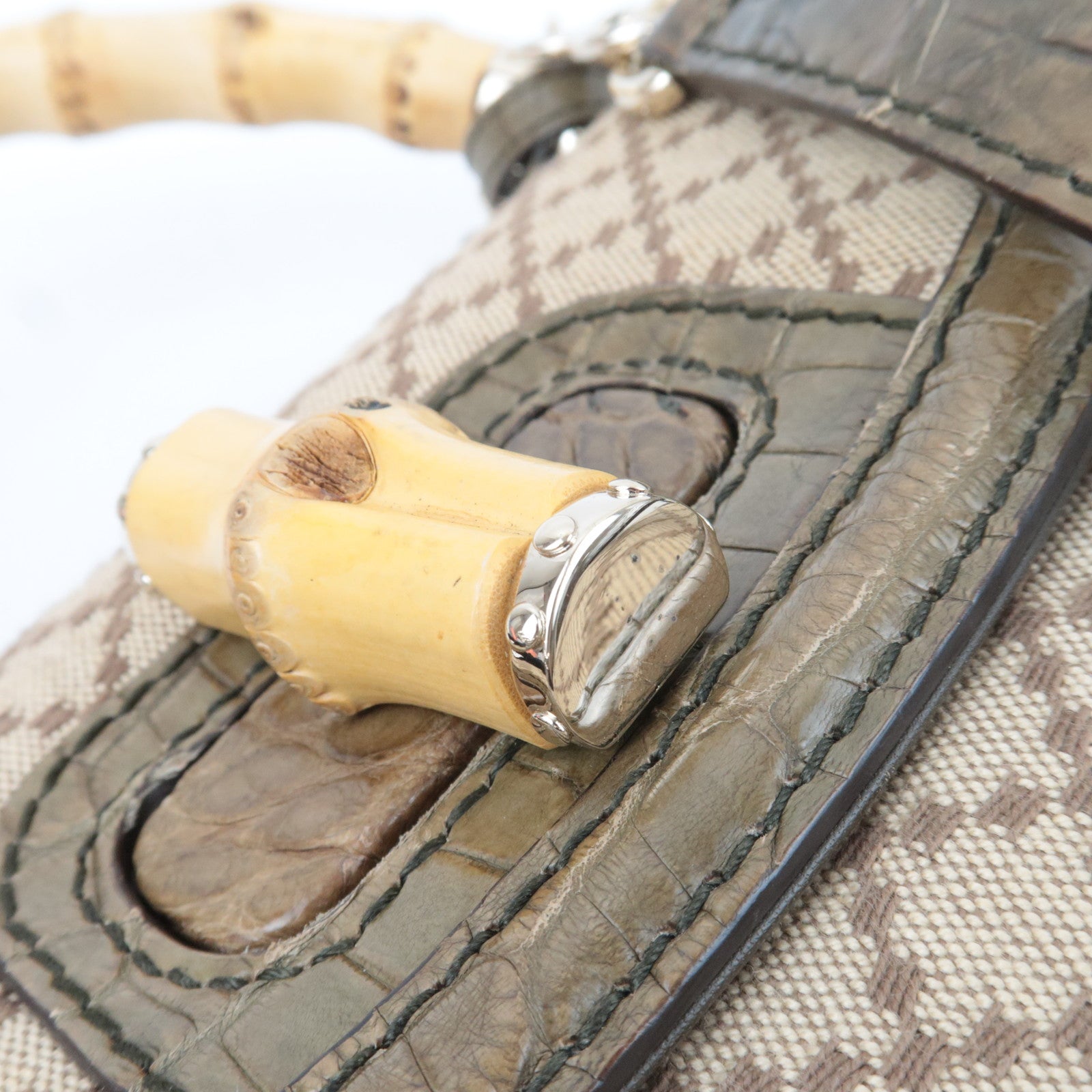 GUCCI New Bamboo Diamante 2Way Leather Handbag Beige Khaki 254884