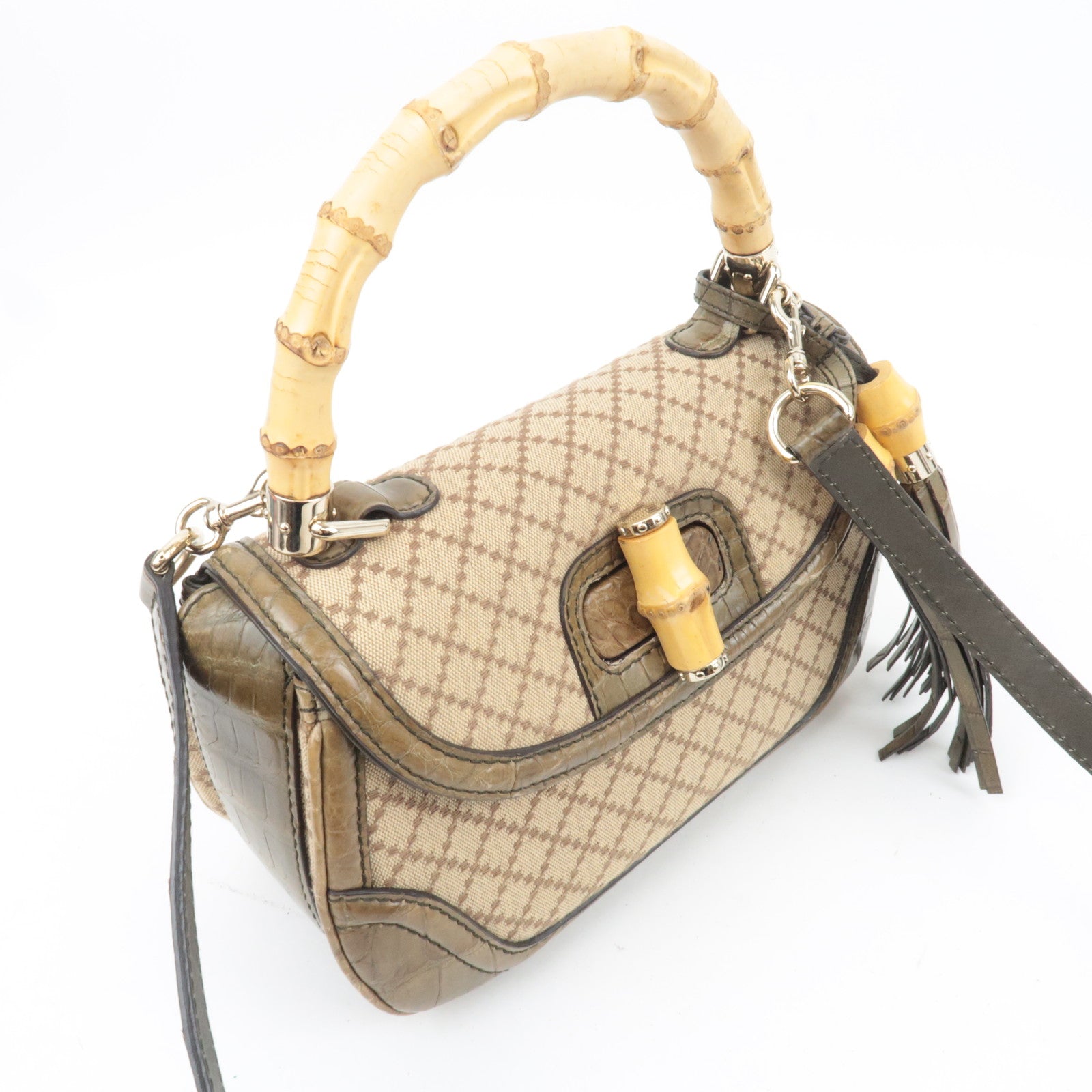 GUCCI New Bamboo Diamante 2Way Leather Handbag Beige Khaki 254884