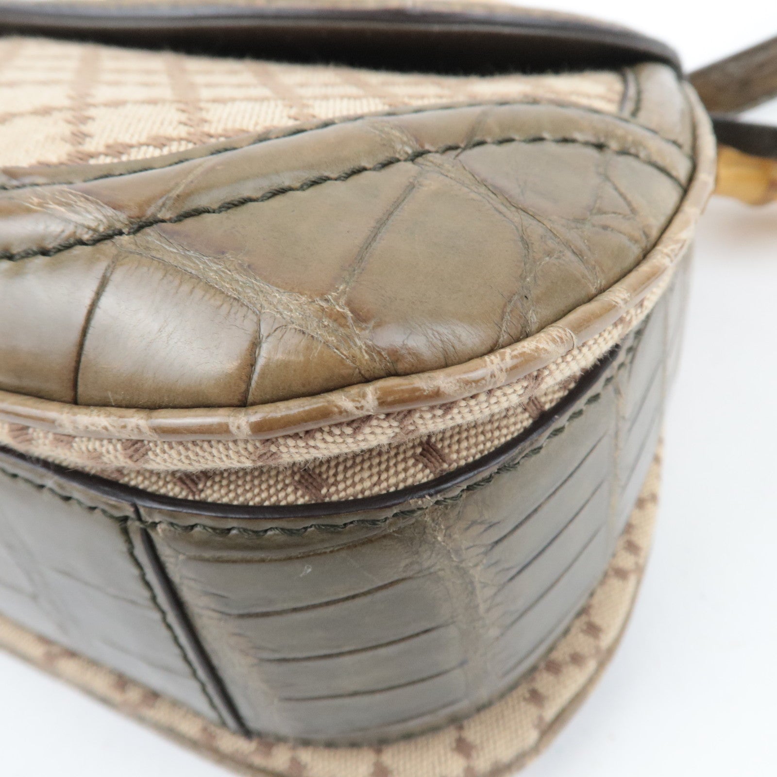 GUCCI New Bamboo Diamante 2Way Leather Handbag Beige Khaki 254884