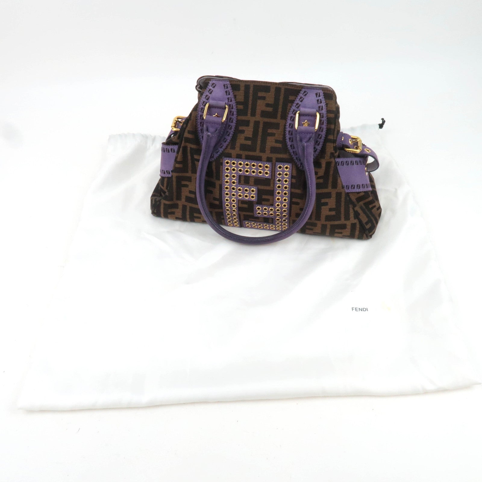 FENDI Etonico Zucca Canvas Leather Handbag Brown Purple 8BN157