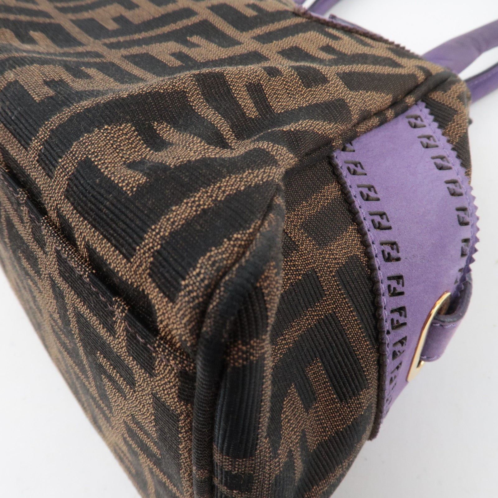 FENDI Etonico Zucca Canvas Leather Handbag Brown Purple 8BN157