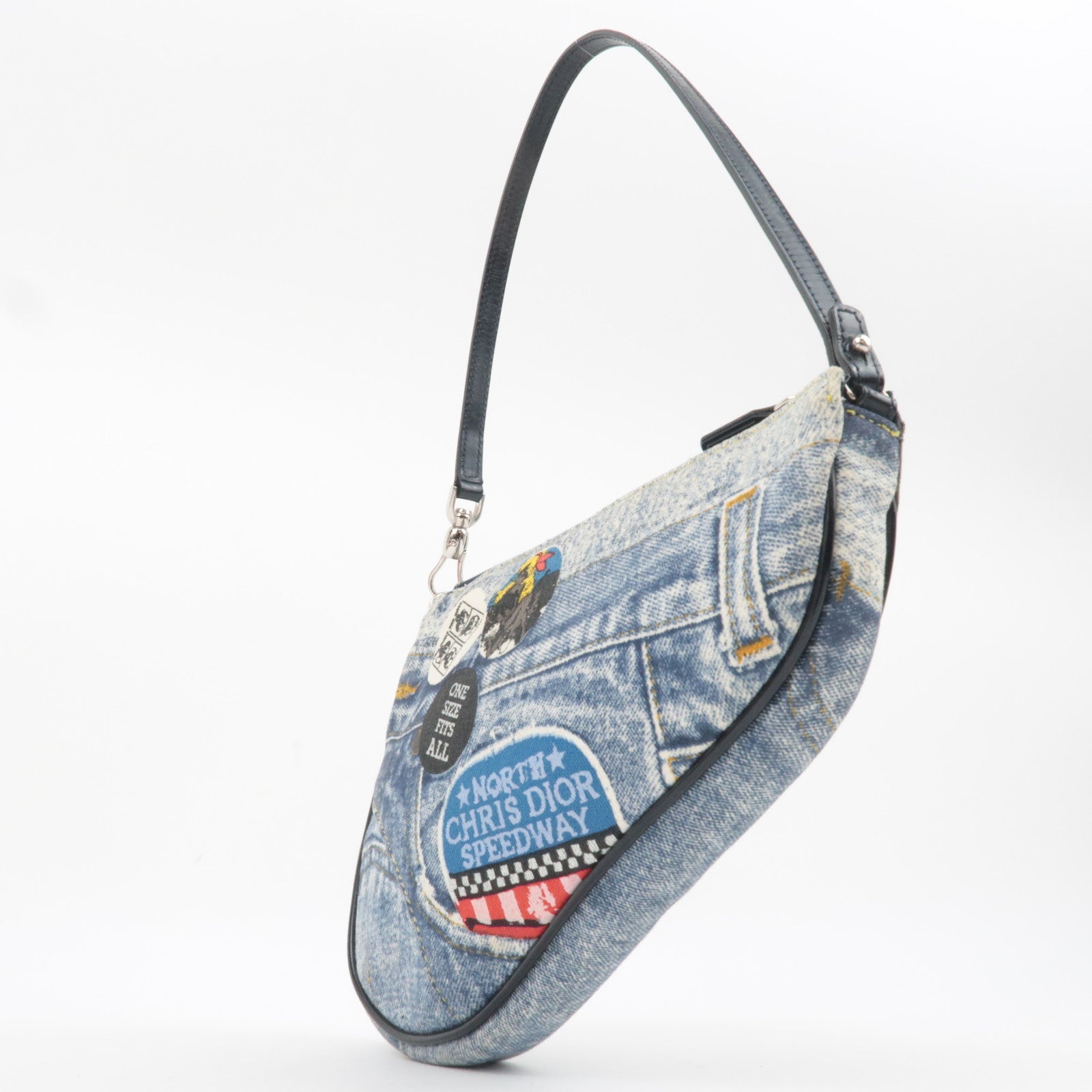 Christian Dior Speedway Denim Mini Saddle bag Canvas Patent Handbag Blue Gray