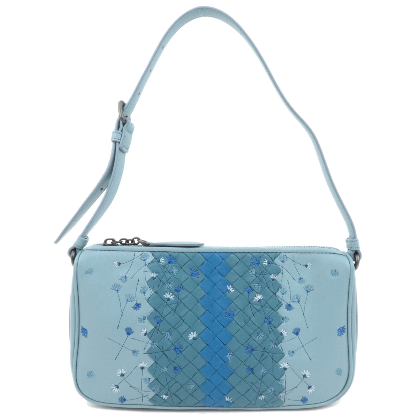 BOTTEGA VENETA Intrecciato Flower Embroidered Leather Shoulder Bag Blue89193