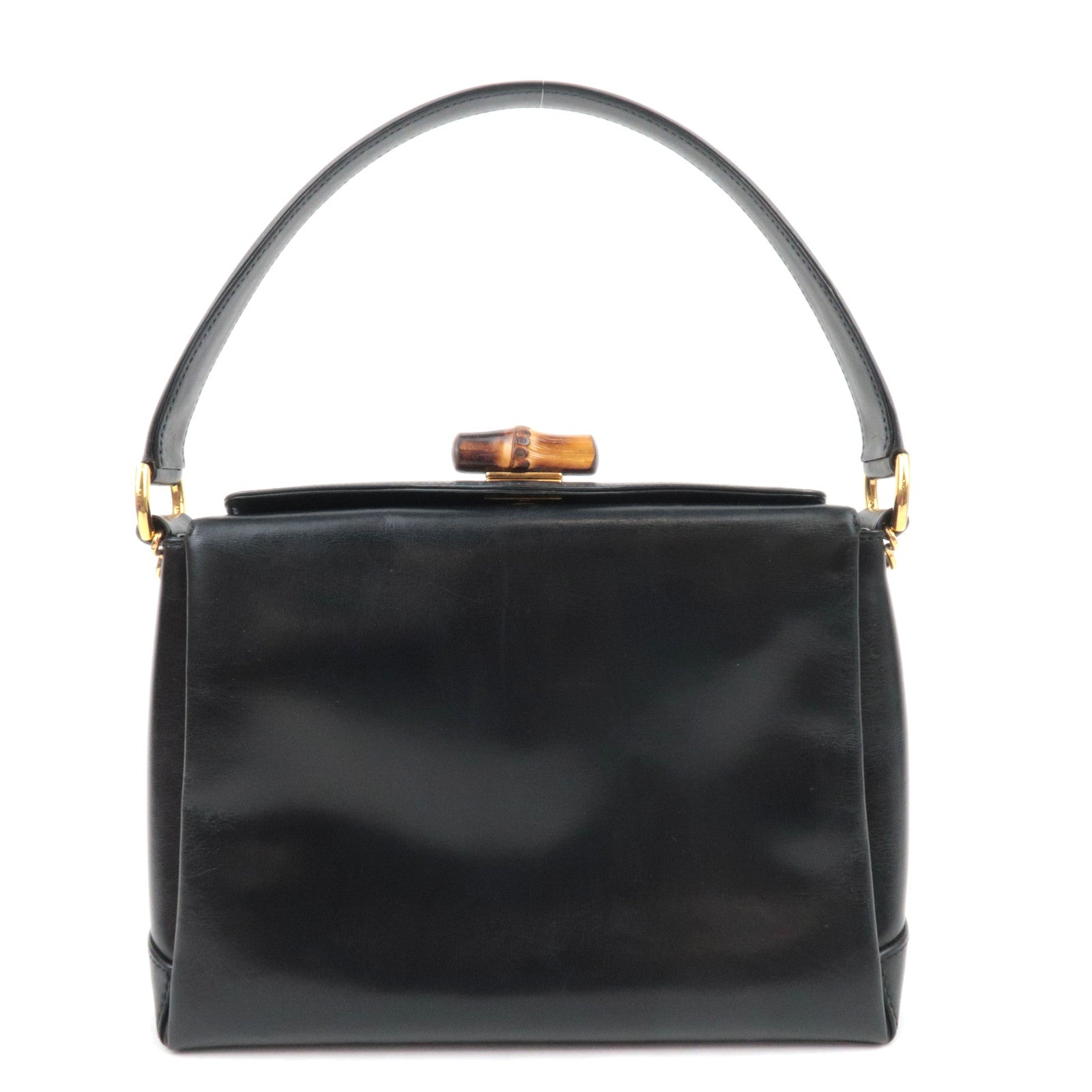 GUCCI Bamboo Turn Lock Leather Shoulder Bag Black 000.2048.0175 89195