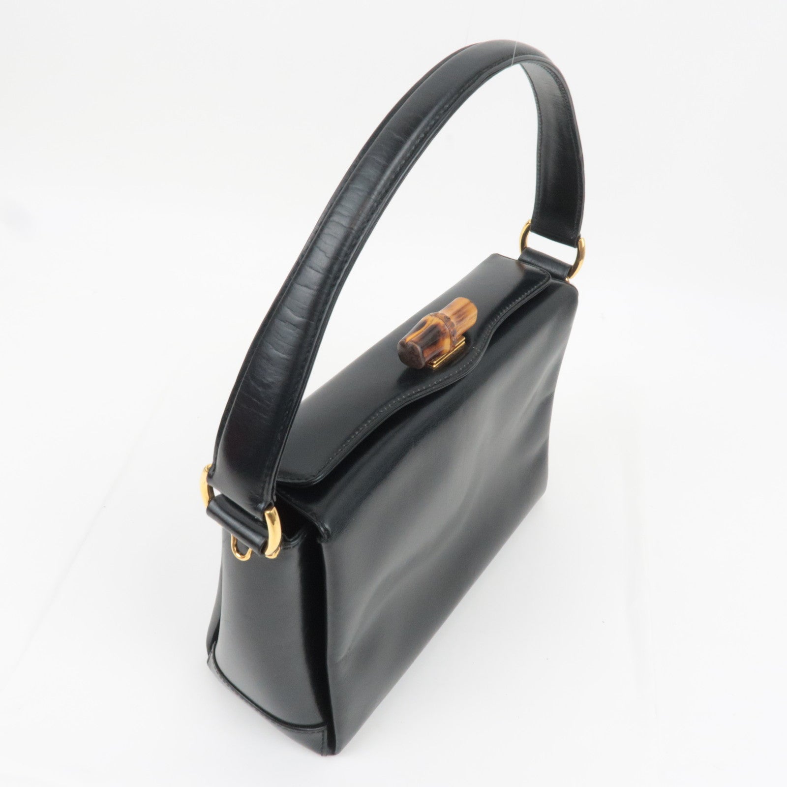 GUCCI Bamboo Turn Lock Leather Shoulder Bag Black 000.2048.0175