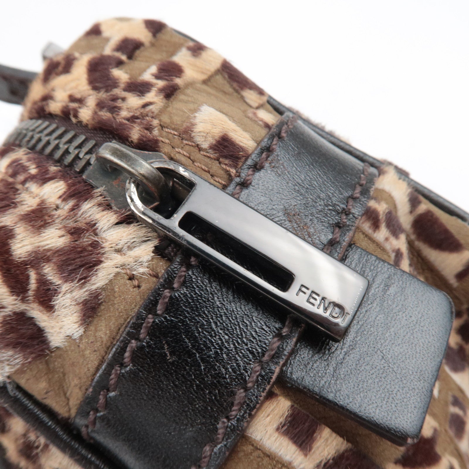 FENDI Geometric Print Calf Hair Shoulder Bag Brown 8BN004