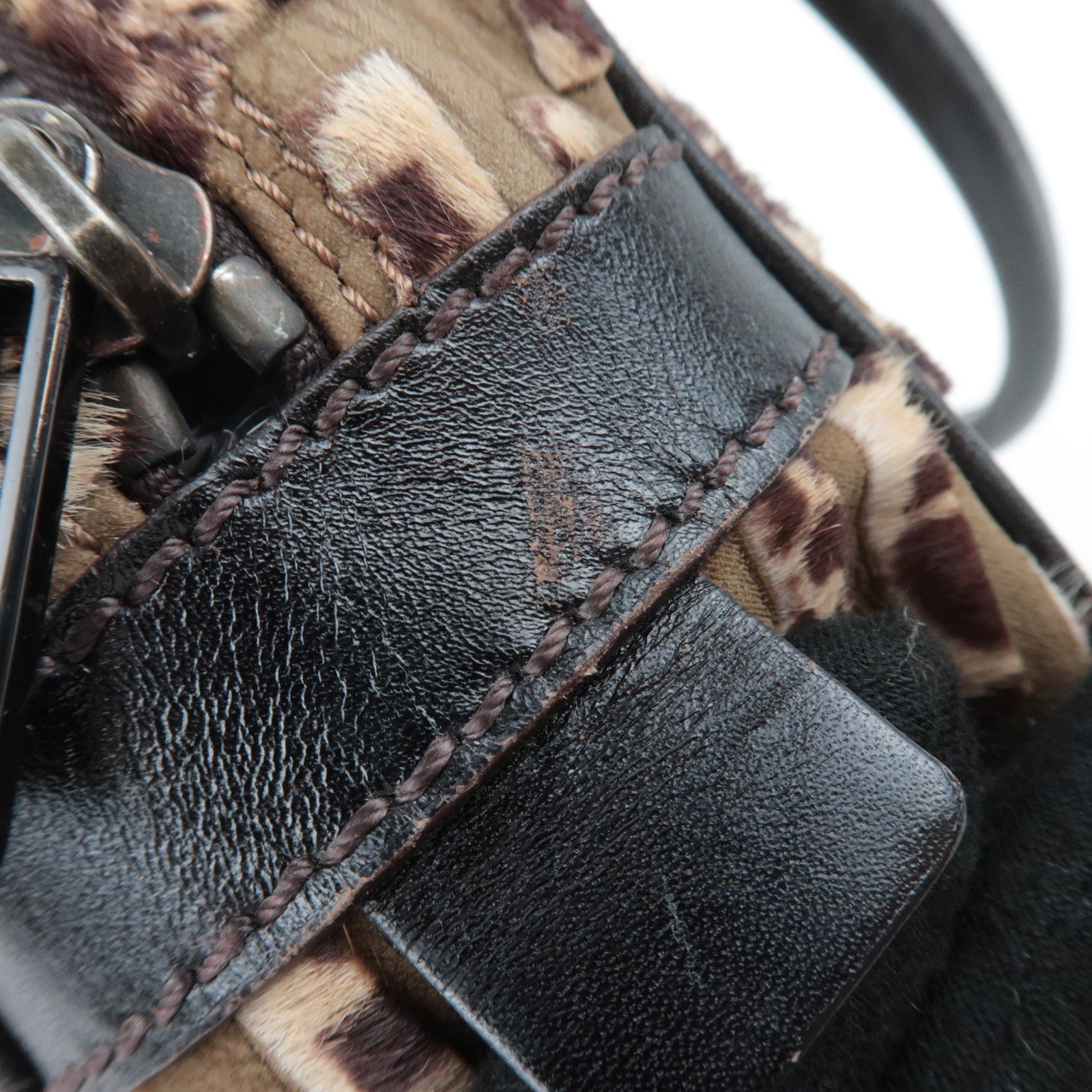 FENDI Geometric Print Calf Hair Shoulder Bag Brown 8BN004