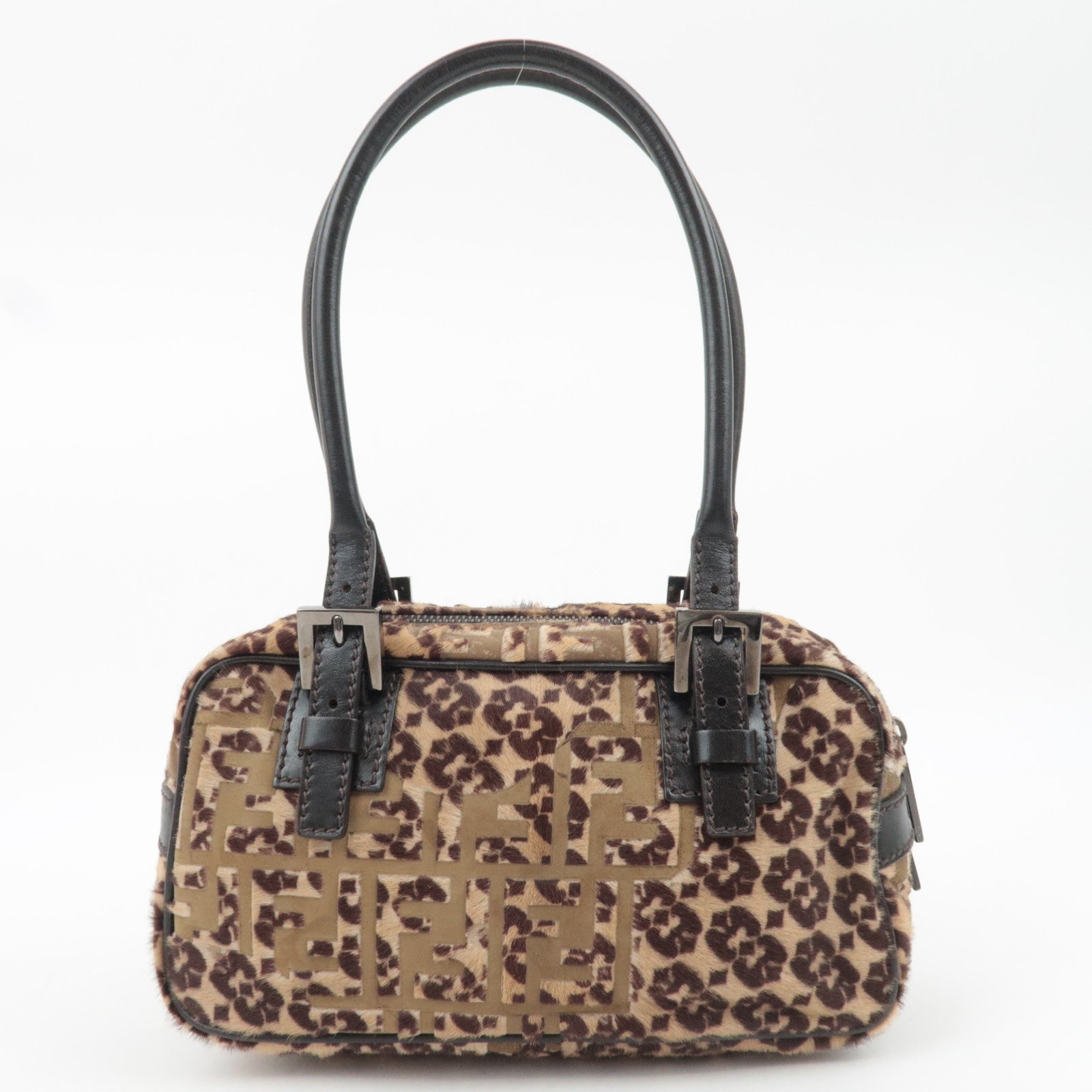 FENDI Geometric Print Calf Hair Shoulder Bag Brown 8BN004