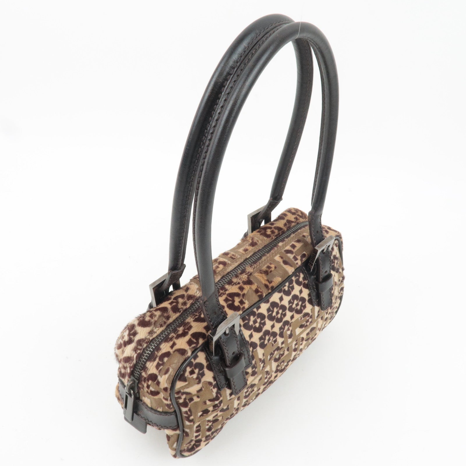 FENDI Geometric Print Calf Hair Shoulder Bag Brown 8BN004