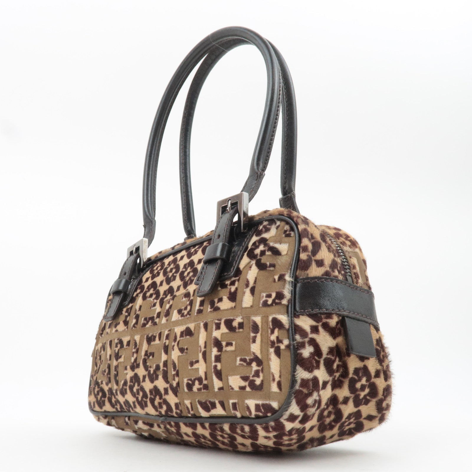 FENDI Geometric Print Calf Hair Shoulder Bag Brown 8BN004