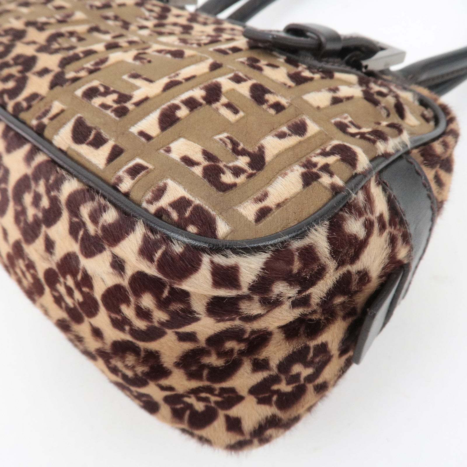 FENDI Geometric Print Calf Hair Shoulder Bag Brown 8BN004