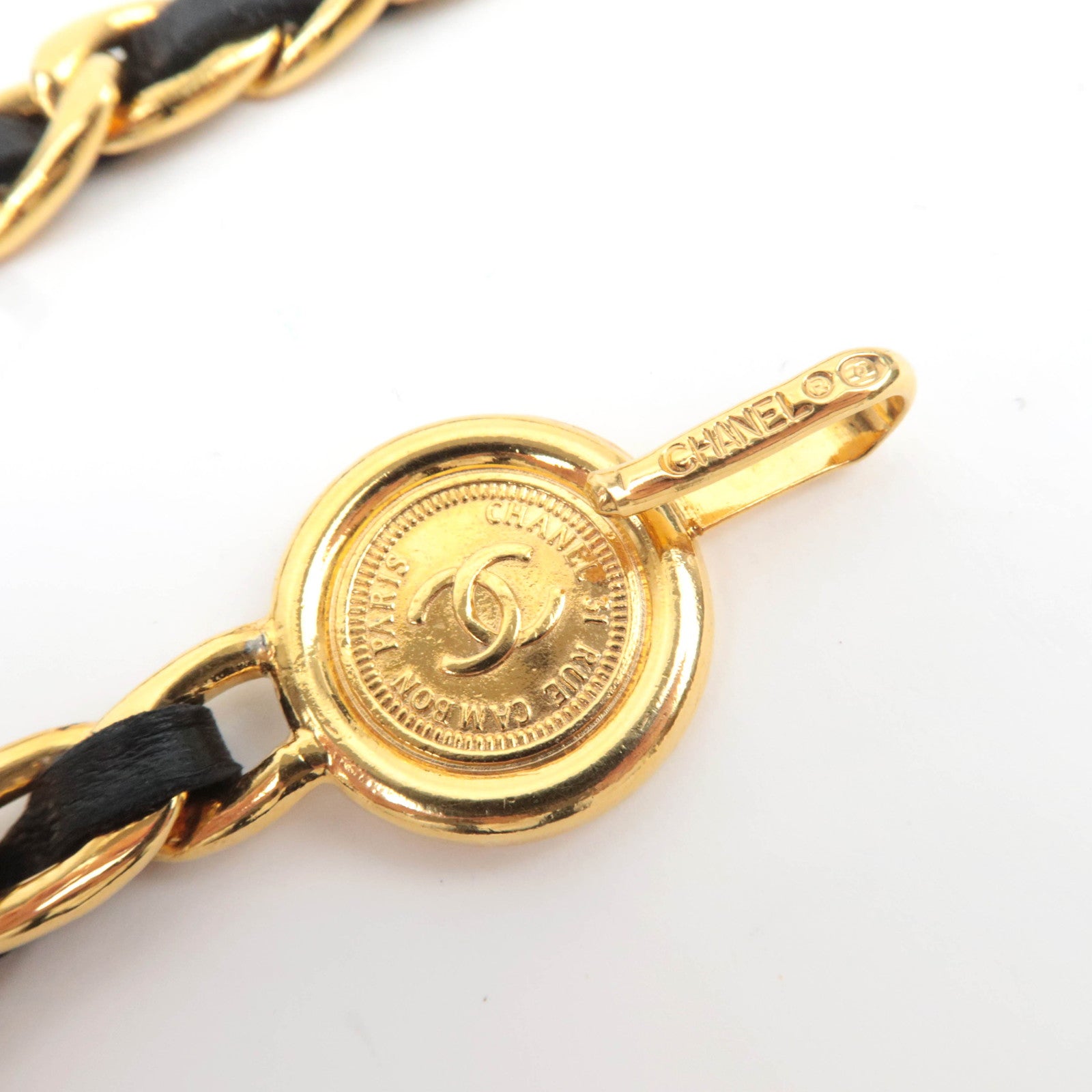 CHANEL Coin Charm Leather Chain Belt Waist Around 80cm Gold Black