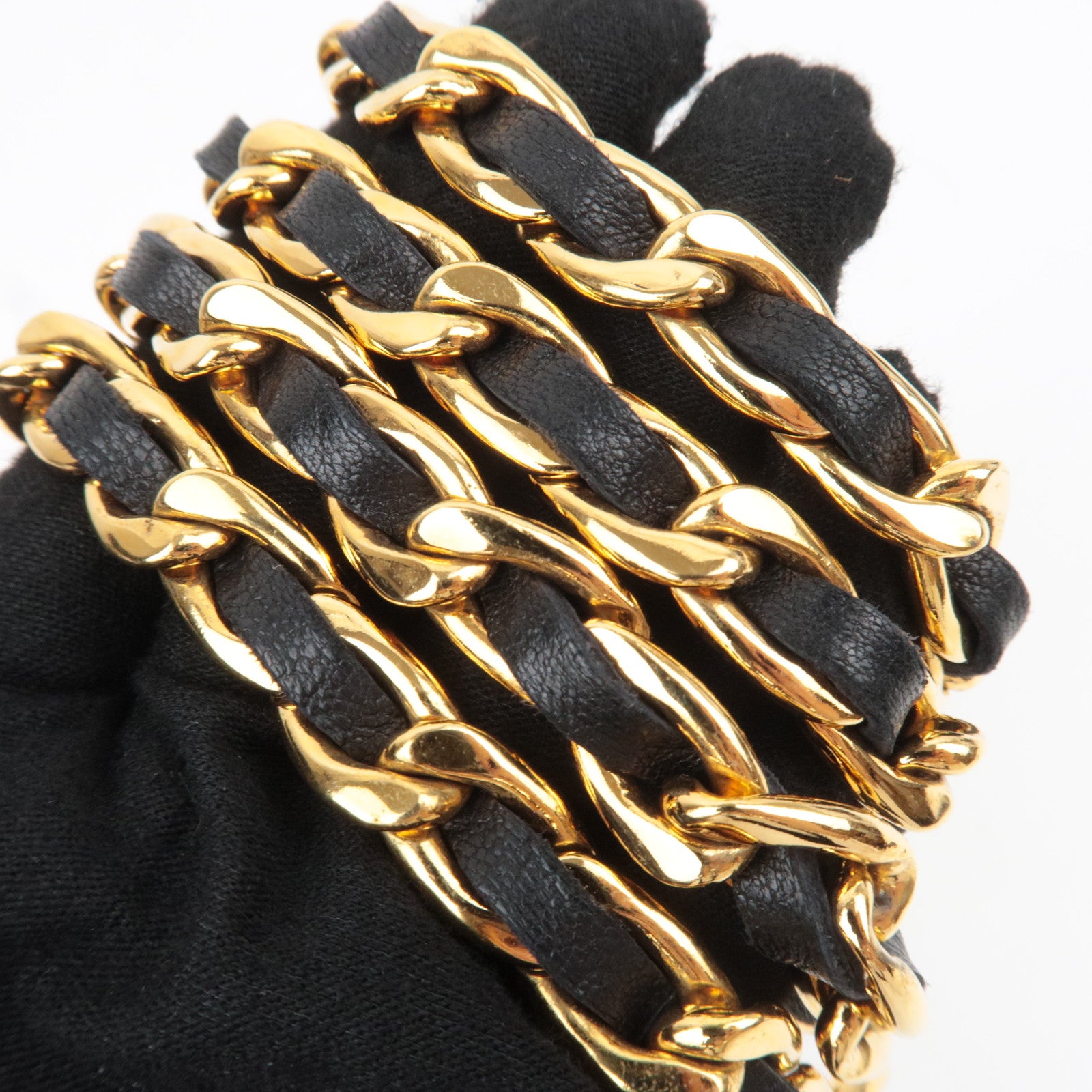 CHANEL Coin Charm Leather Chain Belt Waist Around 80cm Gold Black