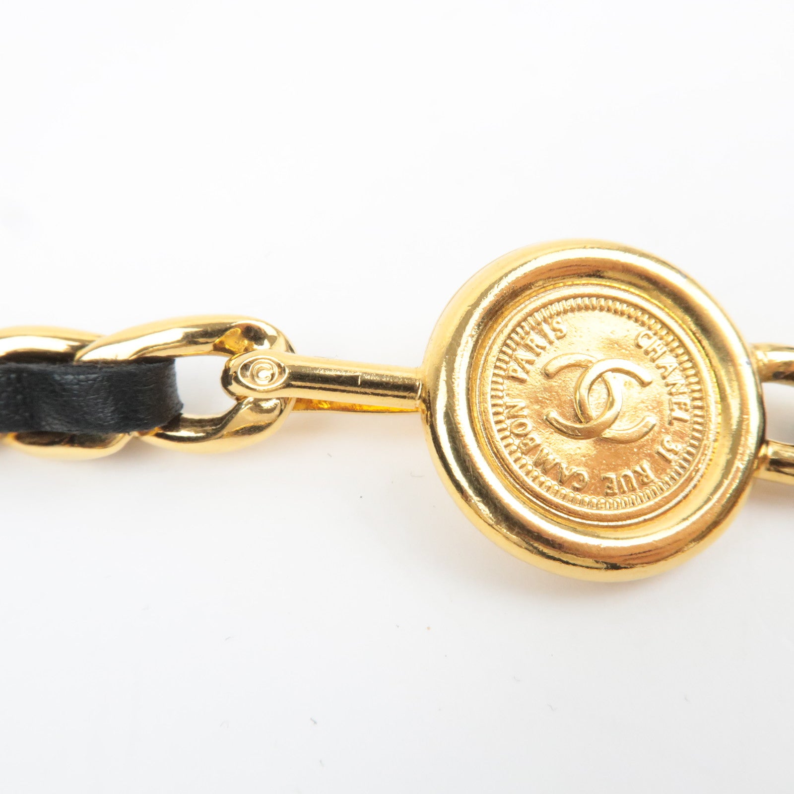 CHANEL Coin Charm Leather Chain Belt Waist Around 80cm Gold Black