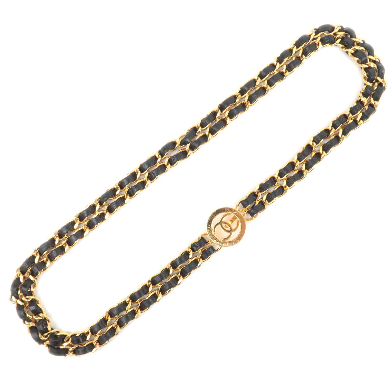 CHANEL Coco Mark Double Leather Chain Belt Waist Around 80cm Gold Black89235