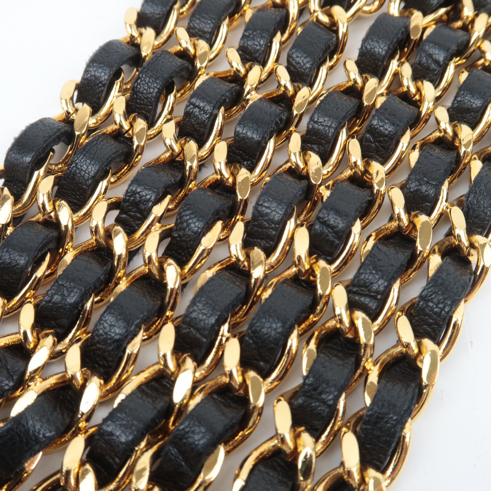 CHANEL Coco Mark Double Leather Chain Belt Waist Around 80cm Gold Black