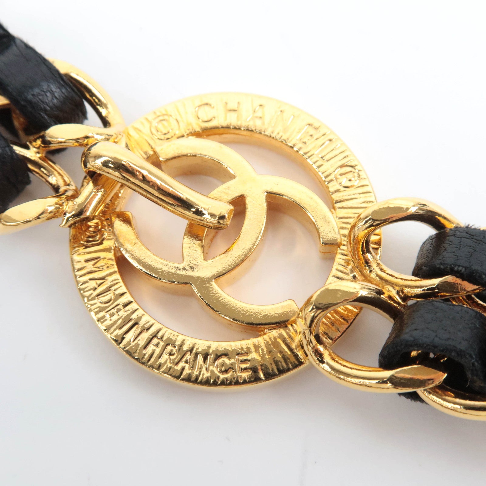 CHANEL Coco Mark Double Leather Chain Belt Waist Around 80cm Gold Black