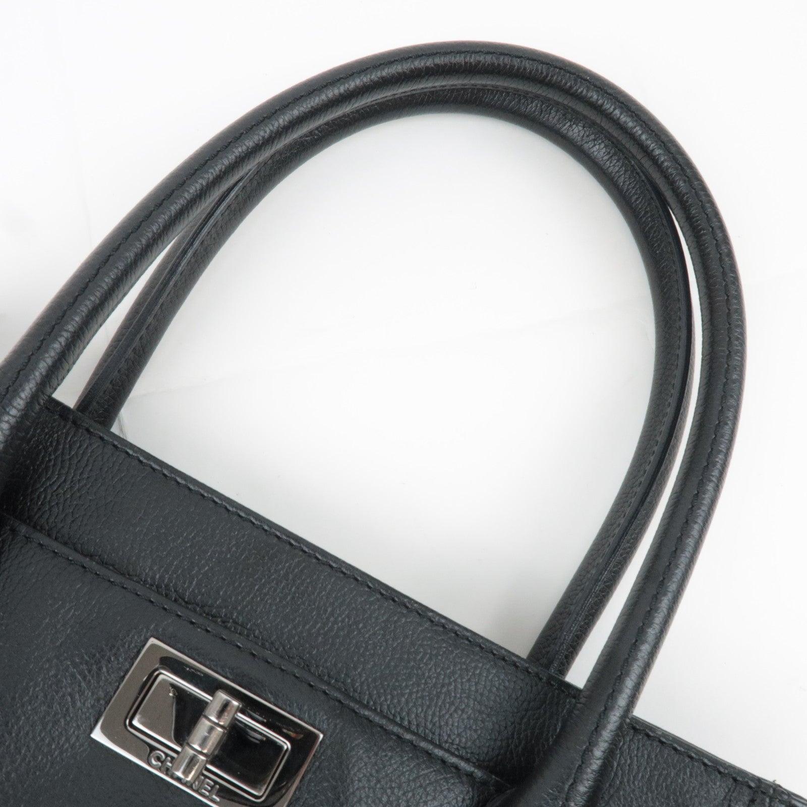 CHANEL 2.55 Leather Tote Bag Black Silver HDW