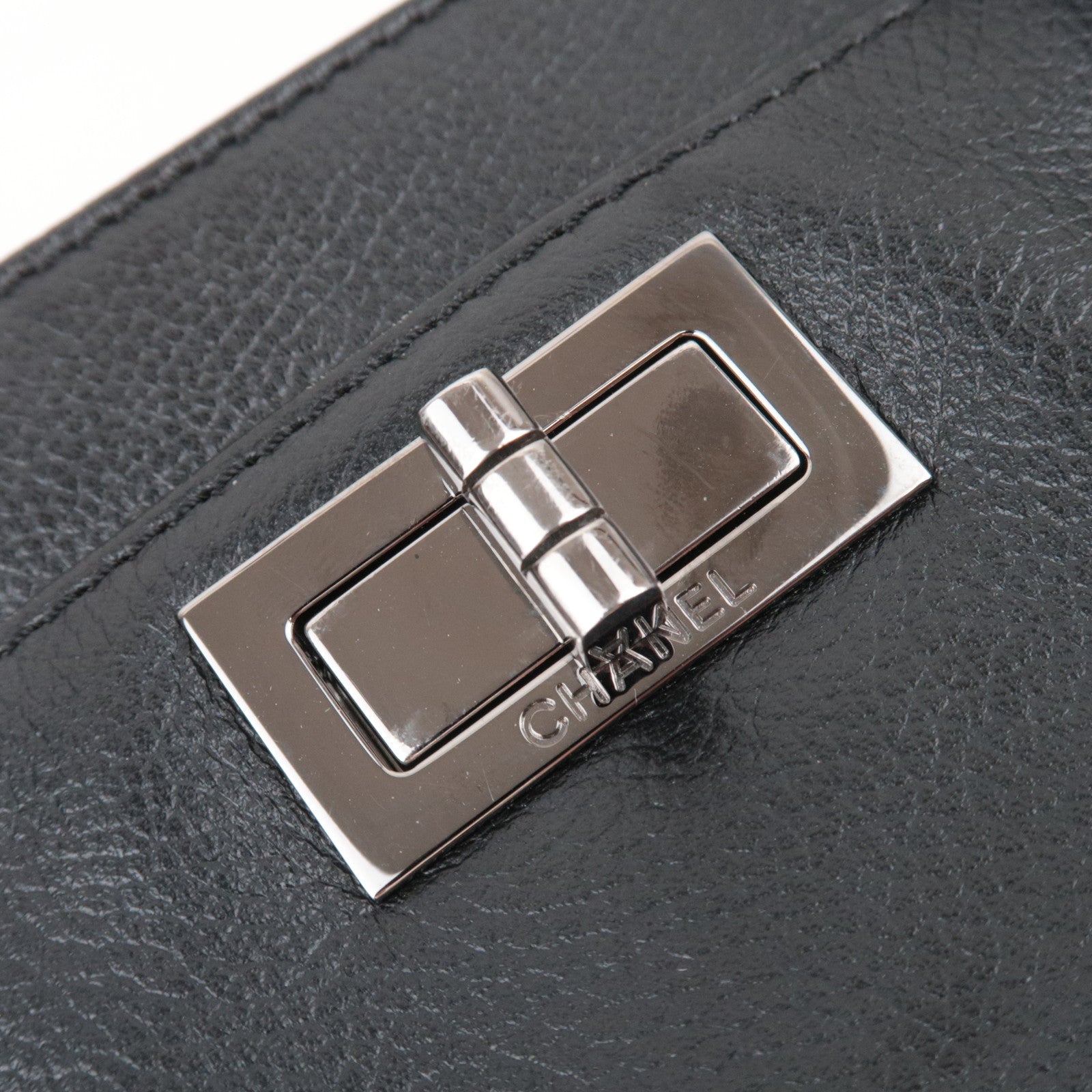 CHANEL 2.55 Leather Tote Bag Black Silver HDW