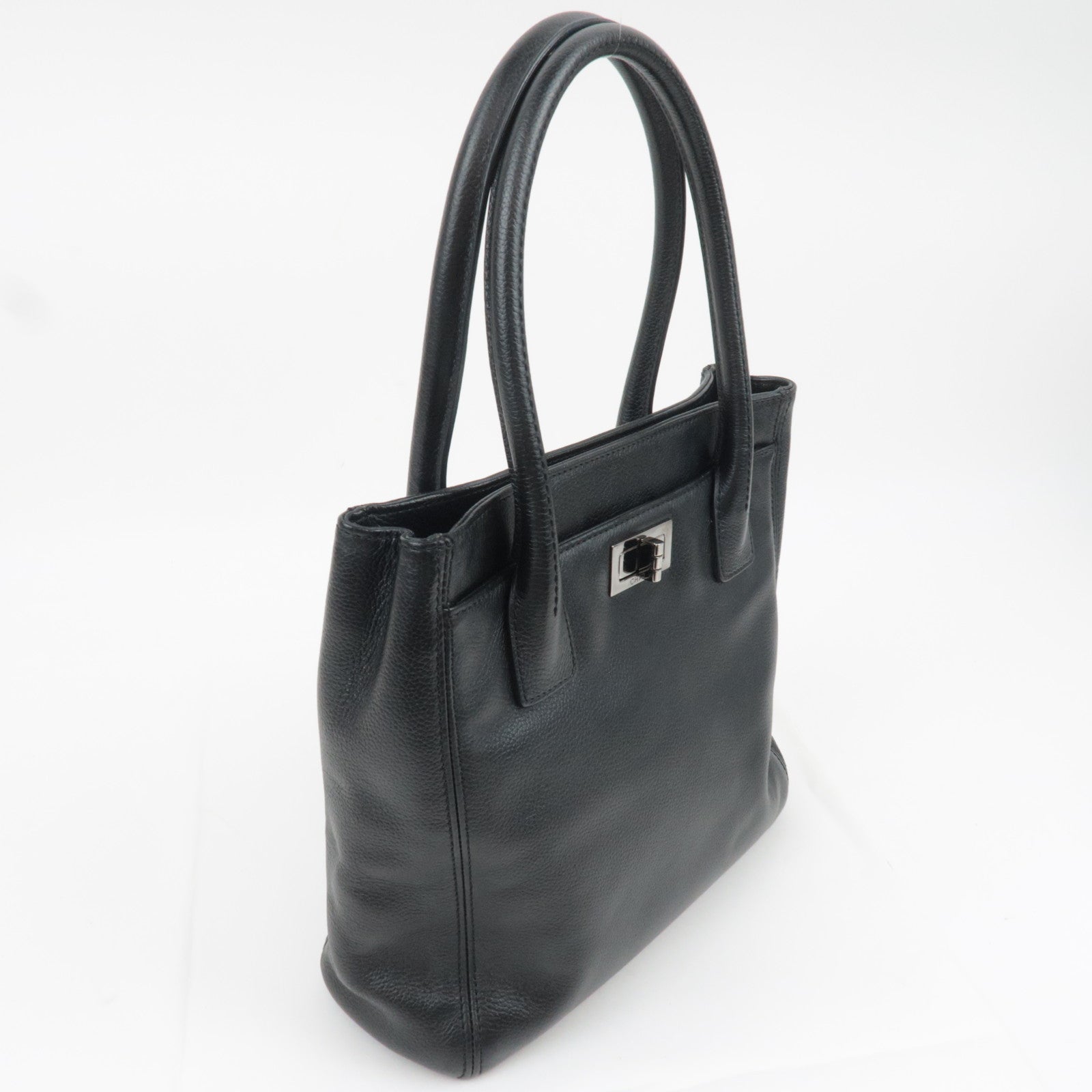 CHANEL 2.55 Leather Tote Bag Black Silver HDW