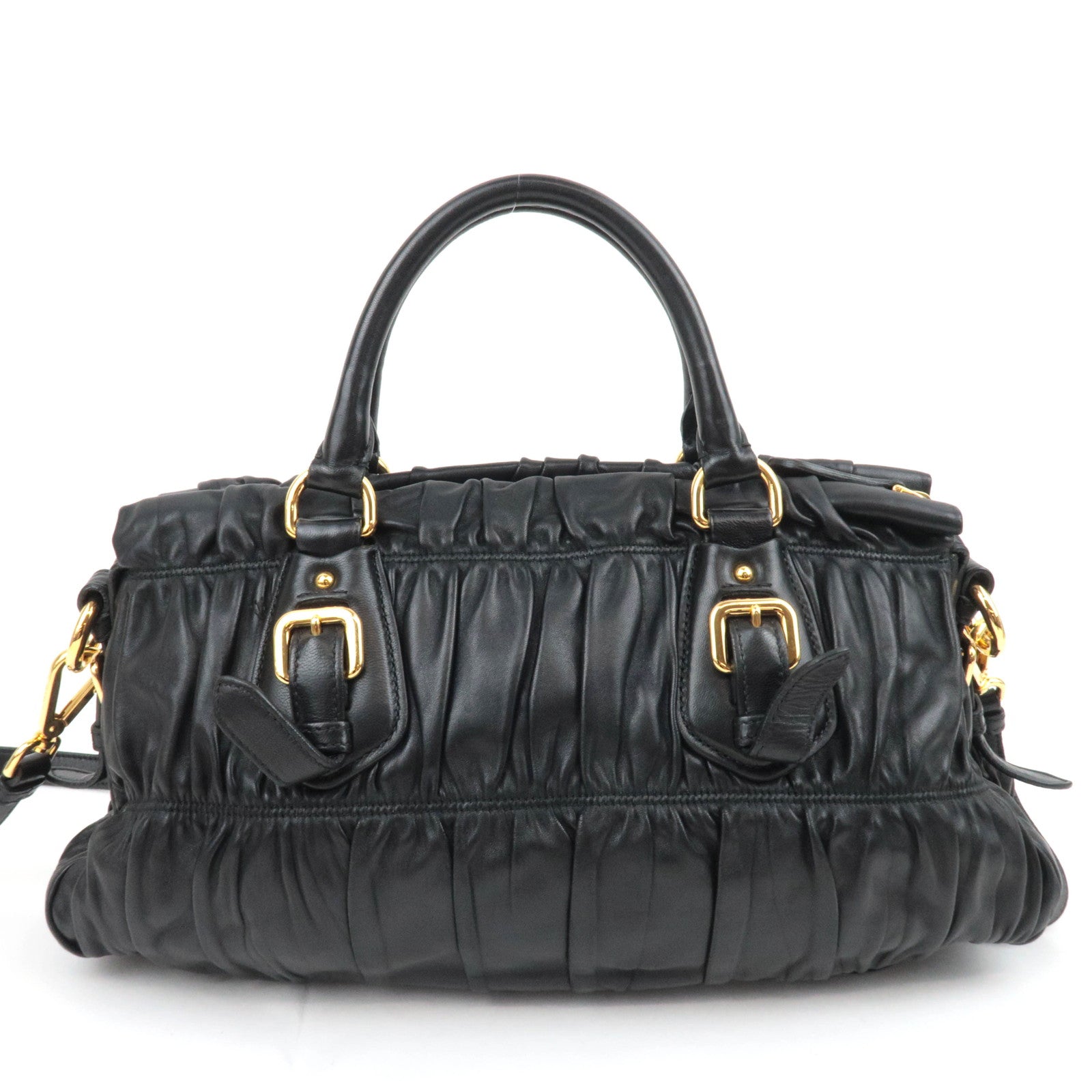 PRADA Gathered Nappa Leather 2Way Handbag Black BN1407
