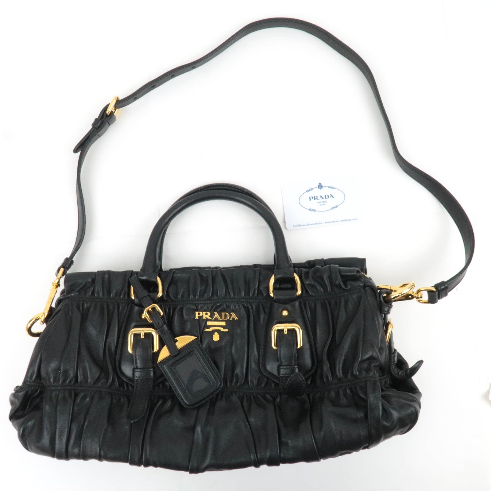PRADA Gathered Nappa Leather 2Way Handbag Black BN1407
