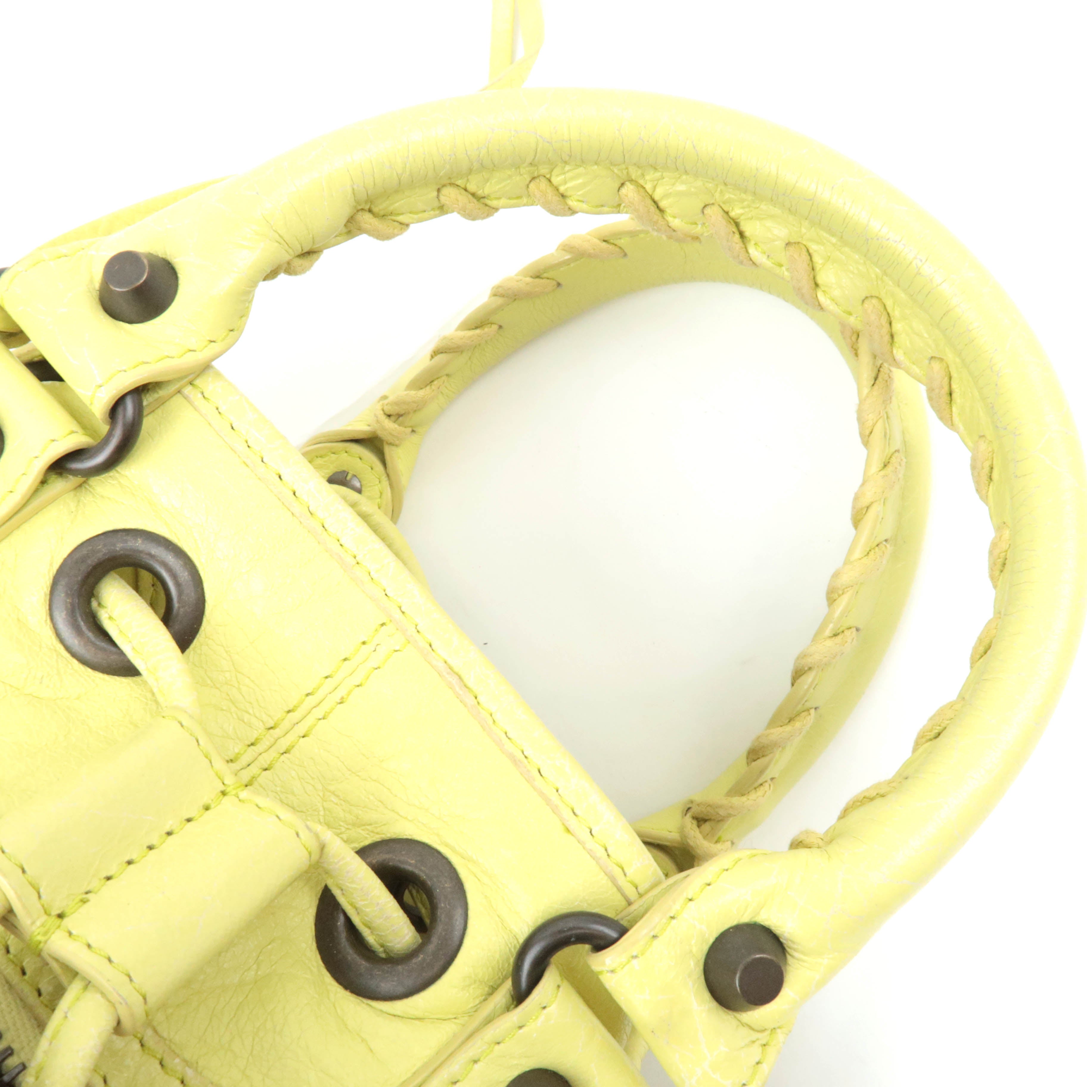 BALENCIAGA Classic Mini Pom Pom Handbag Leather Lime Yellow 246438