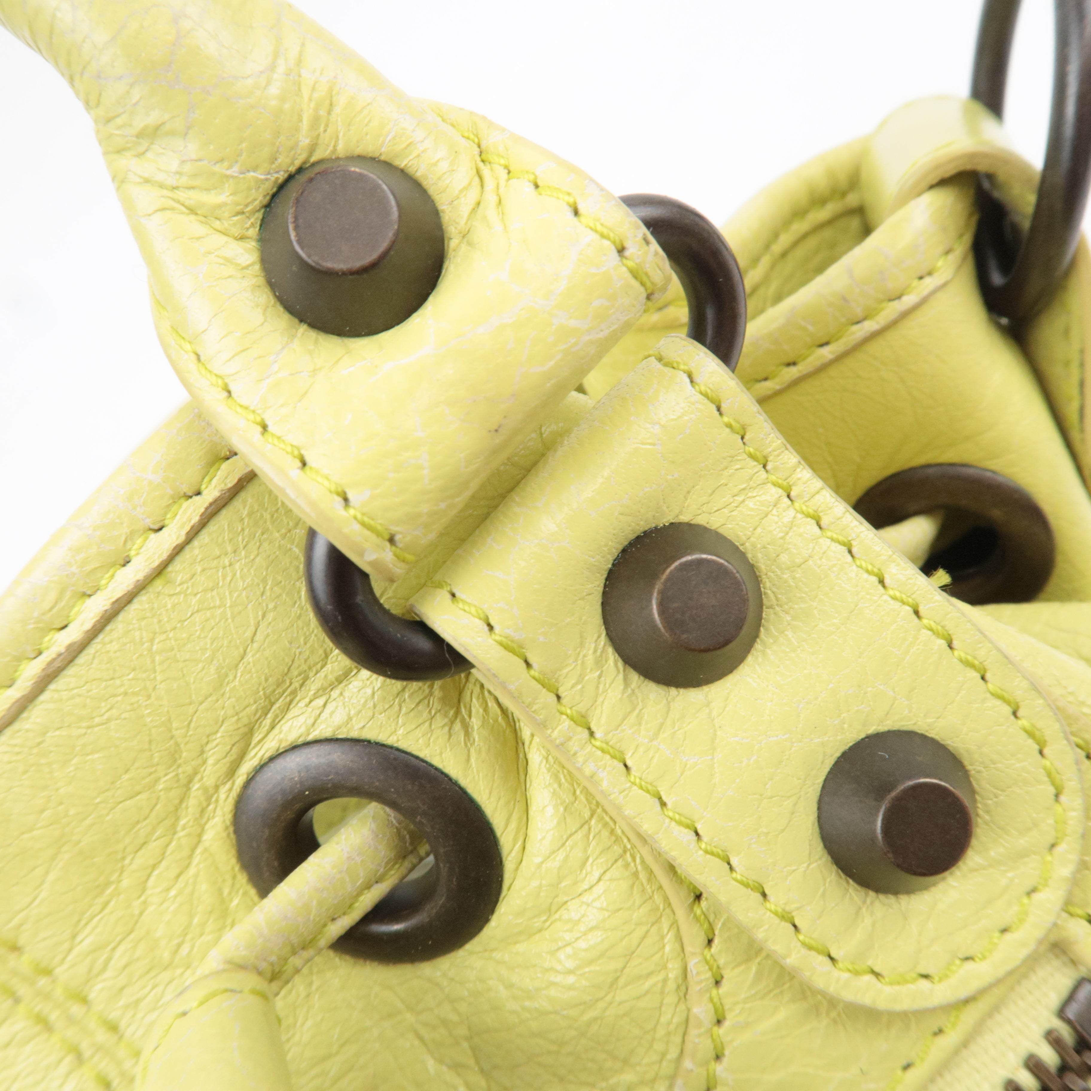 BALENCIAGA Classic Mini Pom Pom Handbag Leather Lime Yellow 246438