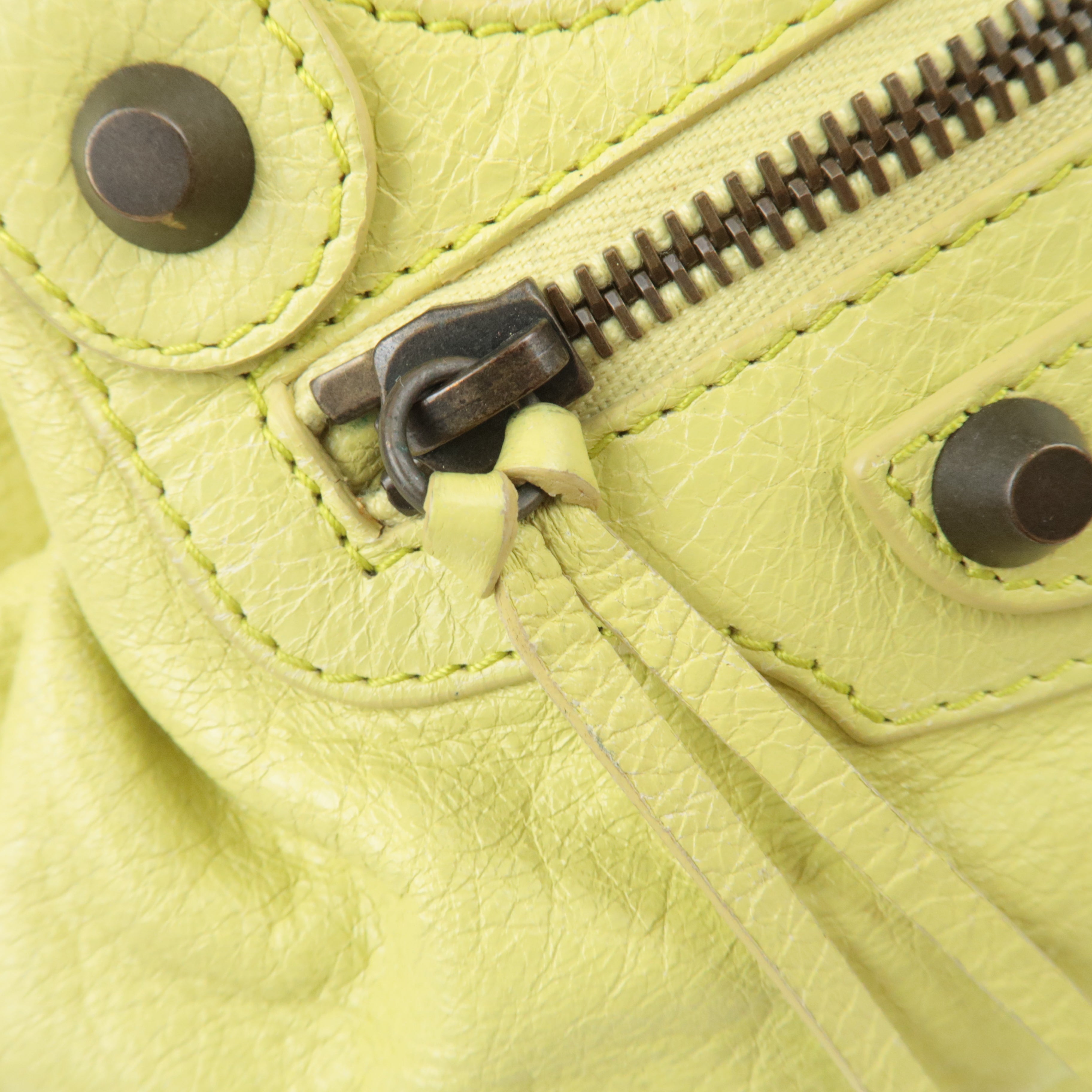 BALENCIAGA Classic Mini Pom Pom Handbag Leather Lime Yellow 246438
