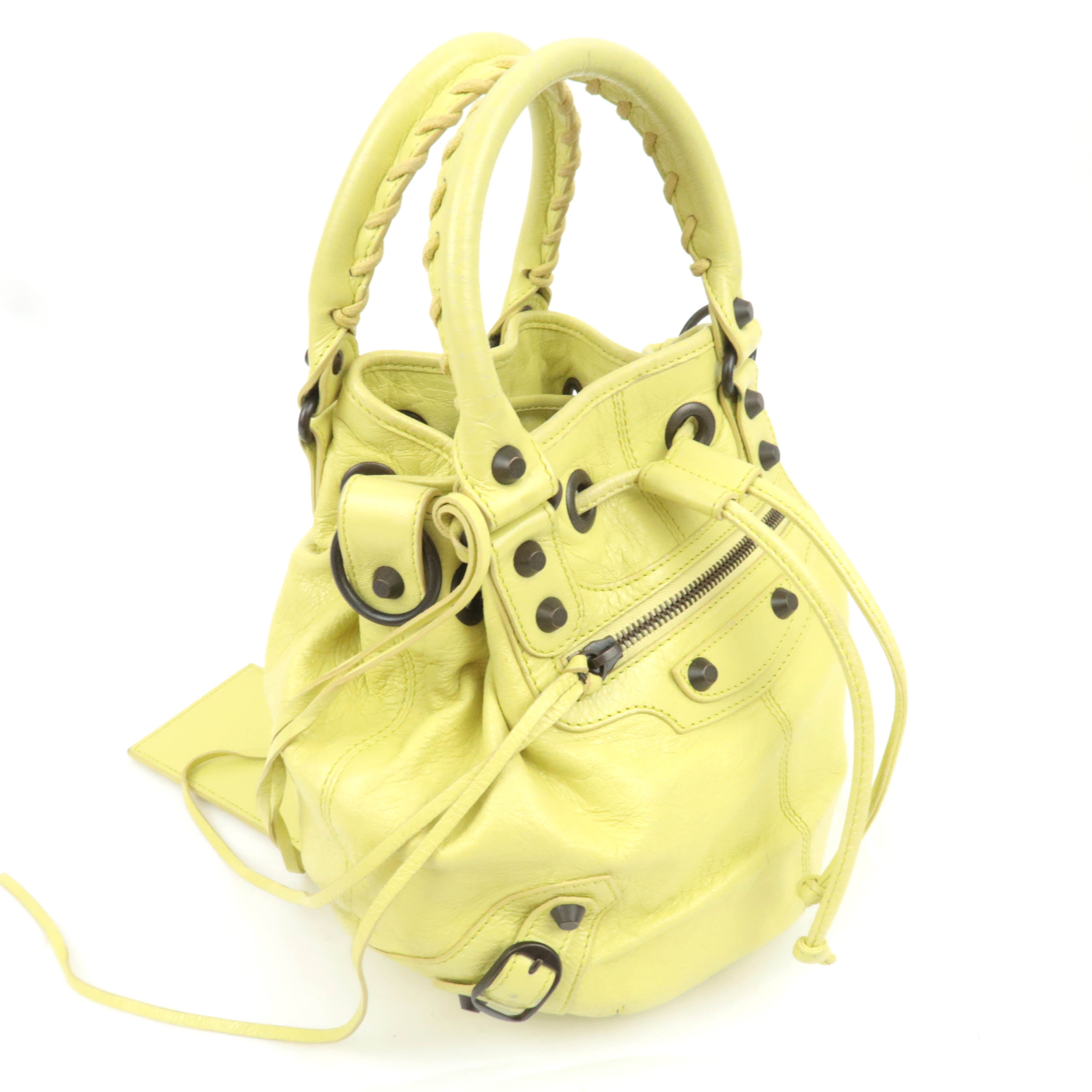 BALENCIAGA Classic Mini Pom Pom Handbag Leather Lime Yellow 246438