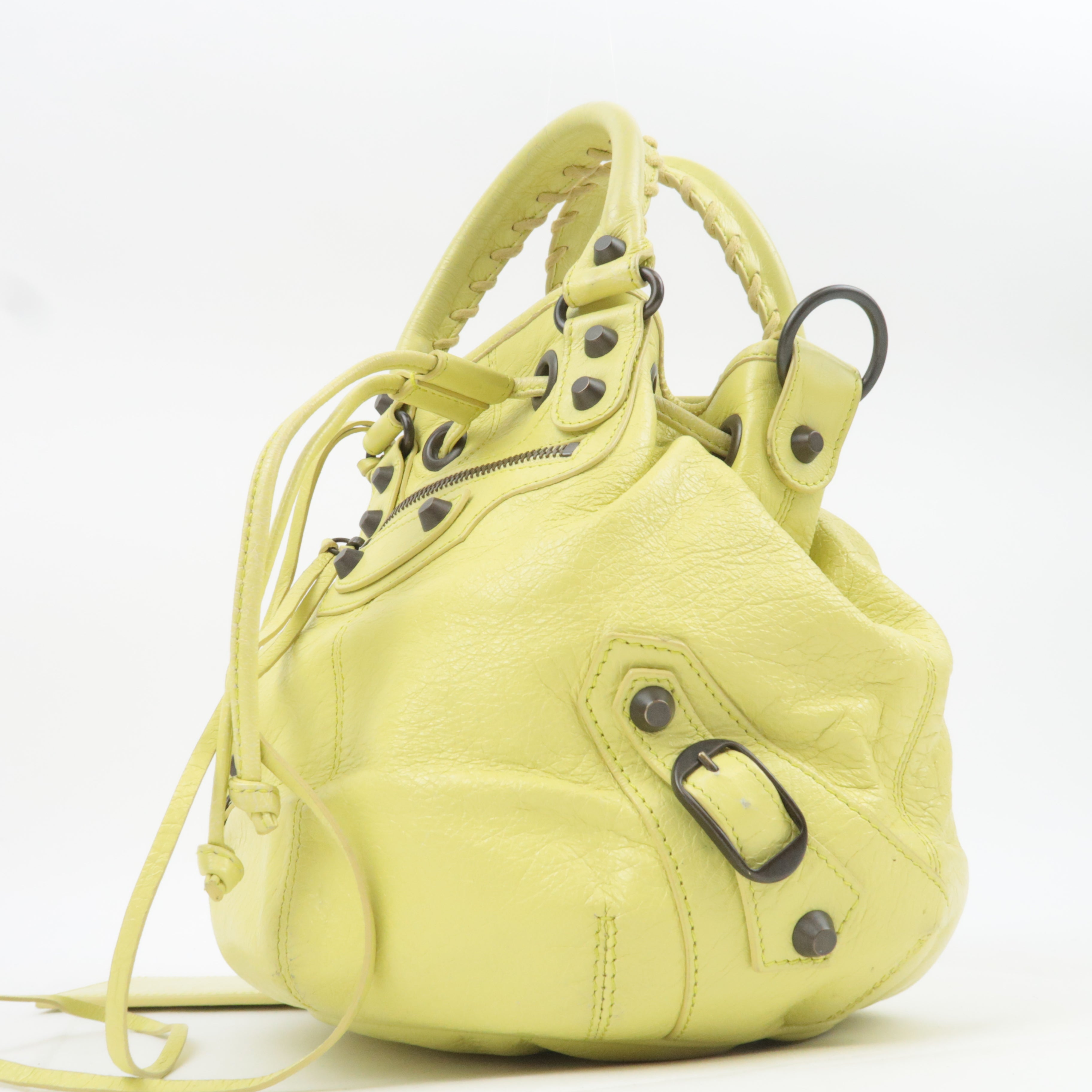 BALENCIAGA Classic Mini Pom Pom Handbag Leather Lime Yellow 246438