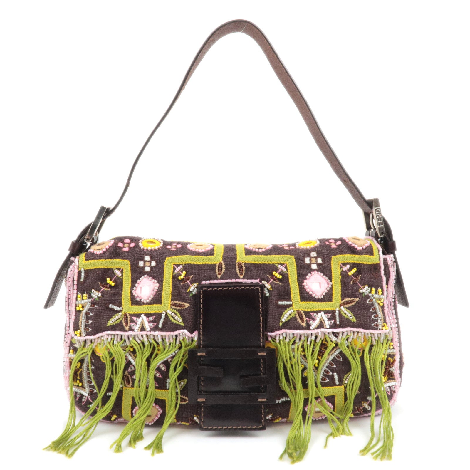 FENDI Beaded Mamma Baguette Shoulder Bag Brown Green Pink 2642489278