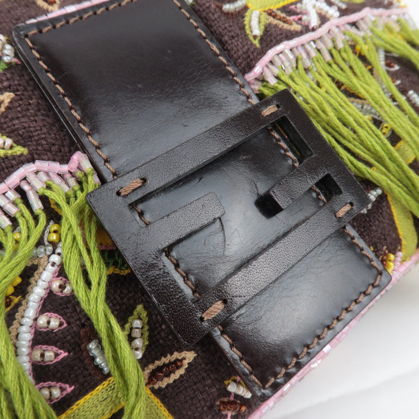 FENDI Beaded Mamma Baguette Shoulder Bag Brown Green Pink 26424