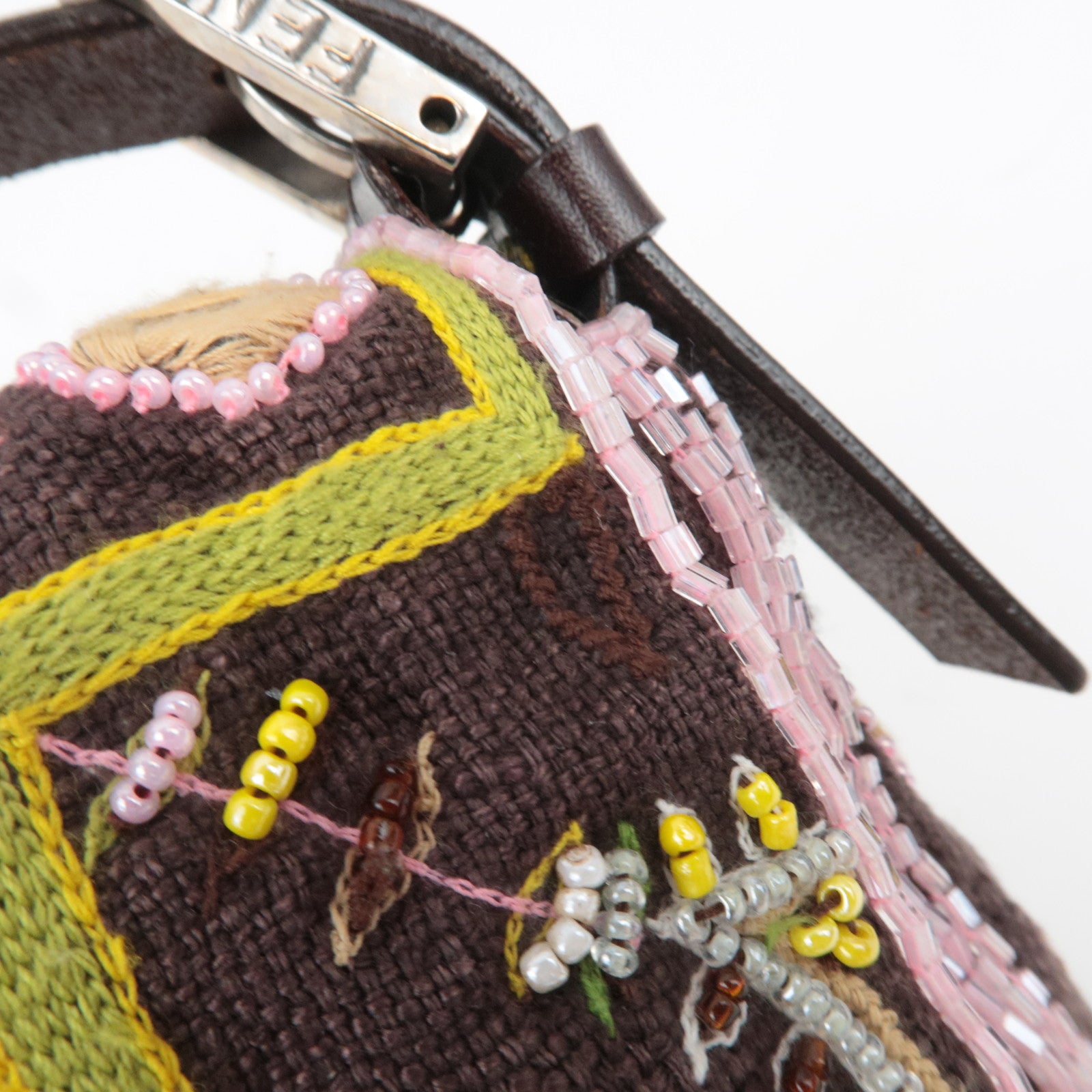 FENDI Beaded Mamma Baguette Shoulder Bag Brown Green Pink 26424