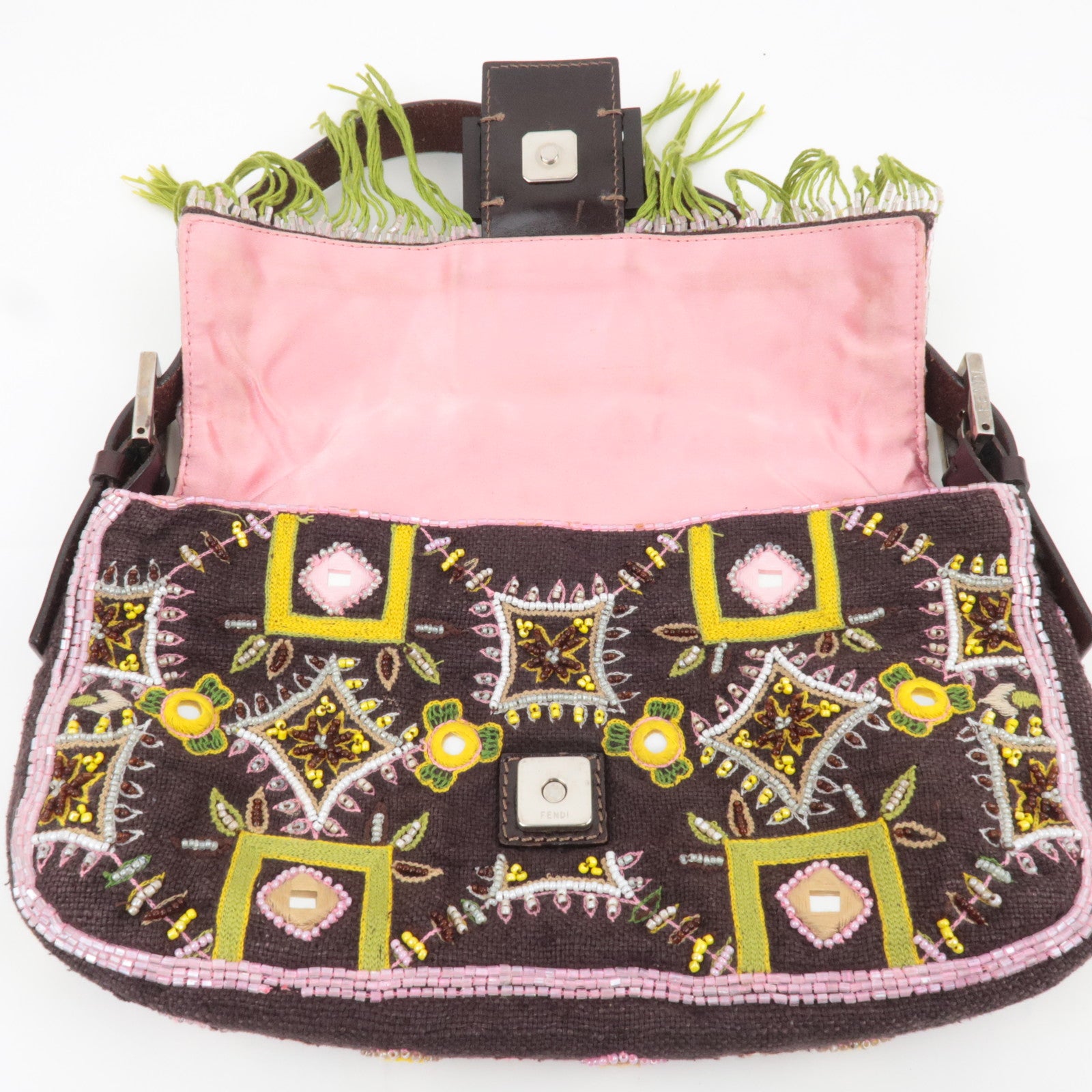 FENDI Beaded Mamma Baguette Shoulder Bag Brown Green Pink 26424