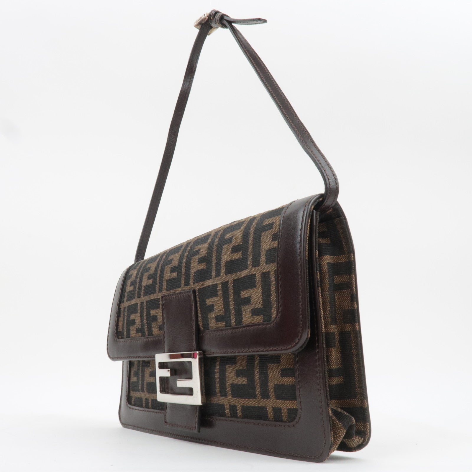 FENDI Zucca Canvas Leather Shoulder Bag Brown Black 16381