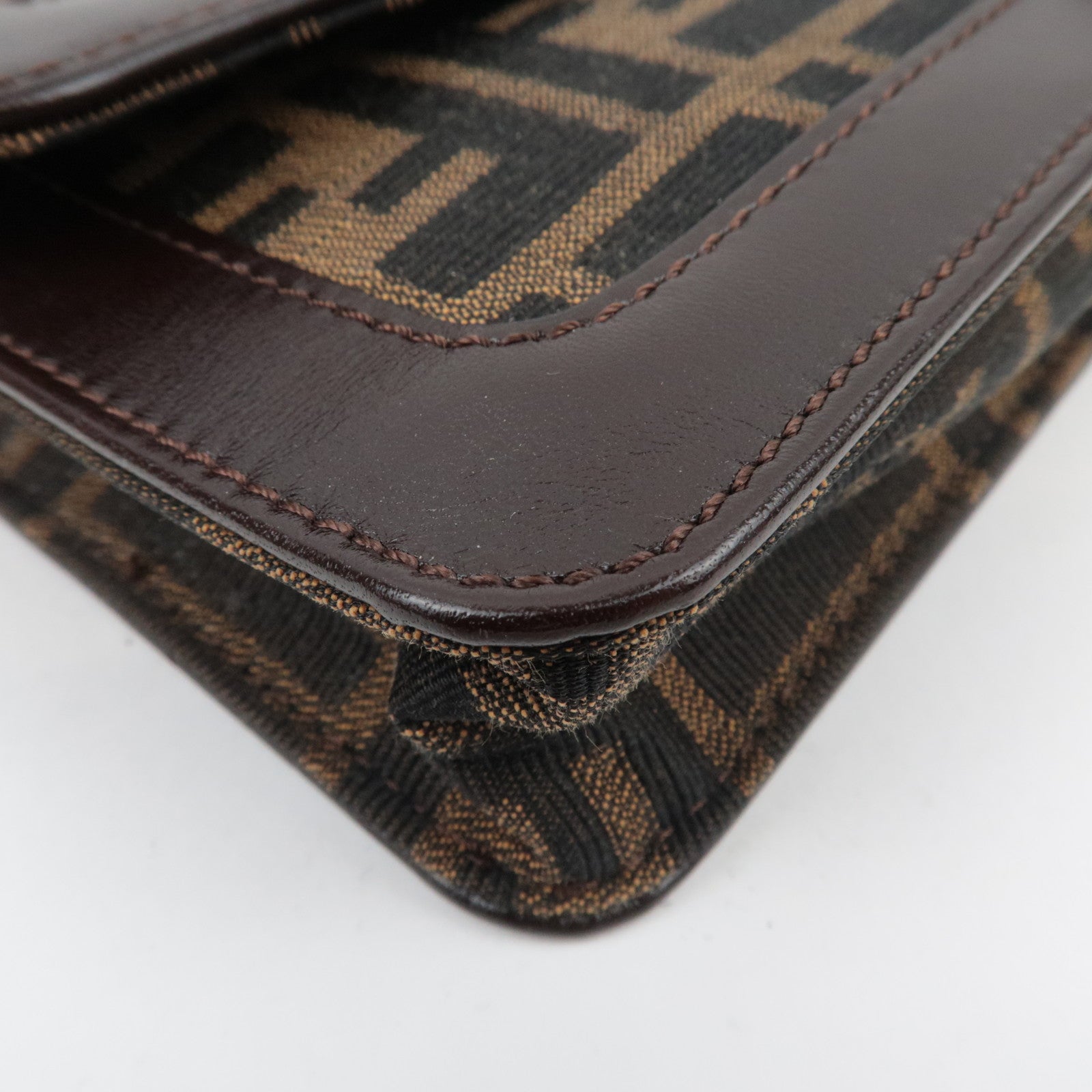 FENDI Zucca Canvas Leather Shoulder Bag Brown Black 16381