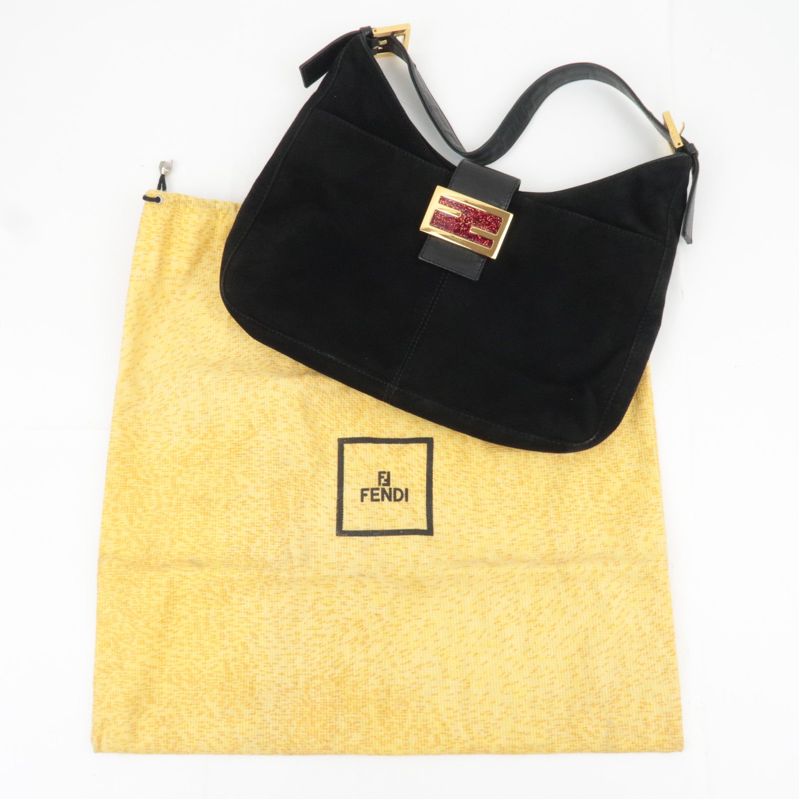 FENDI Suede Shoulder Bag Black 26569