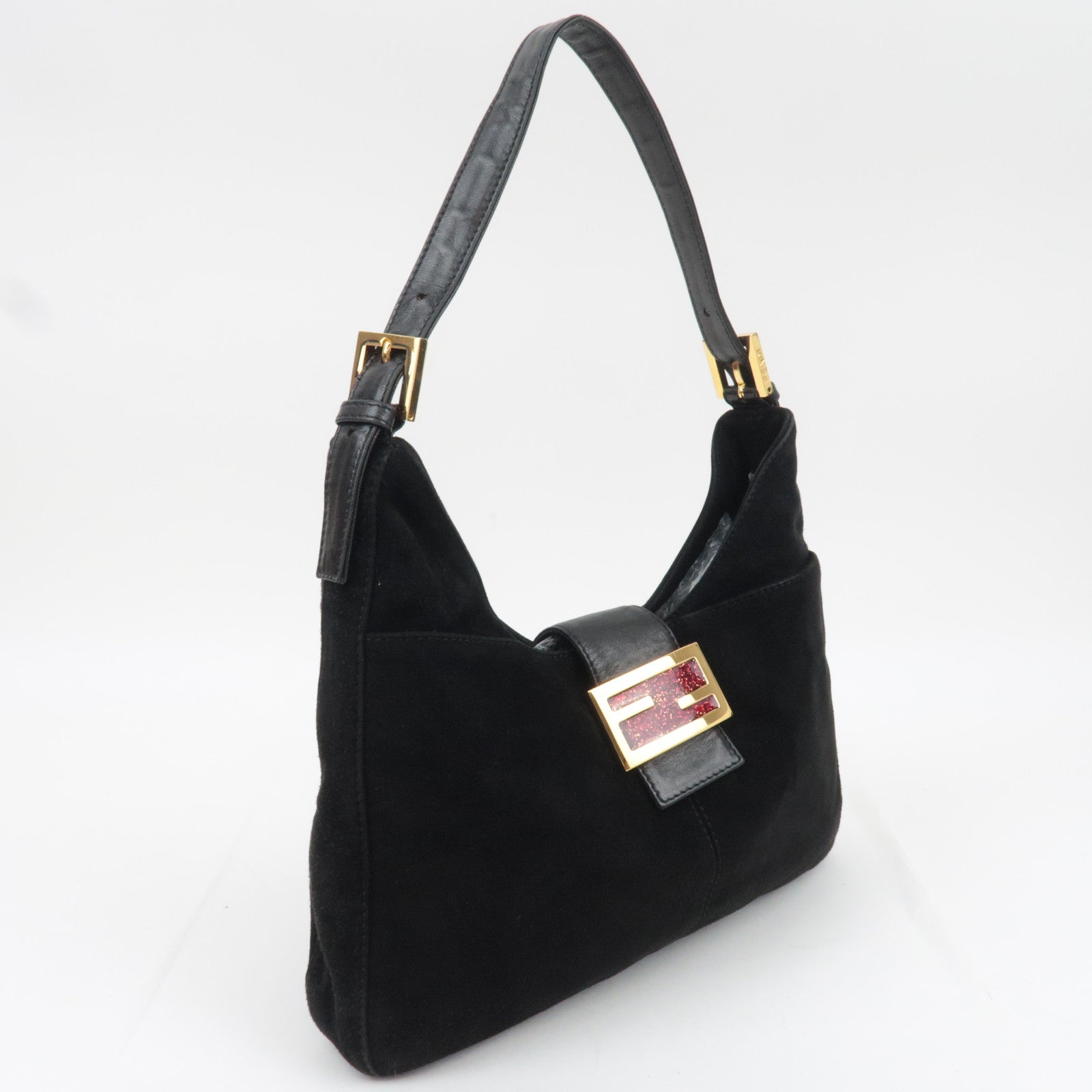 FENDI Suede Shoulder Bag Black 26569
