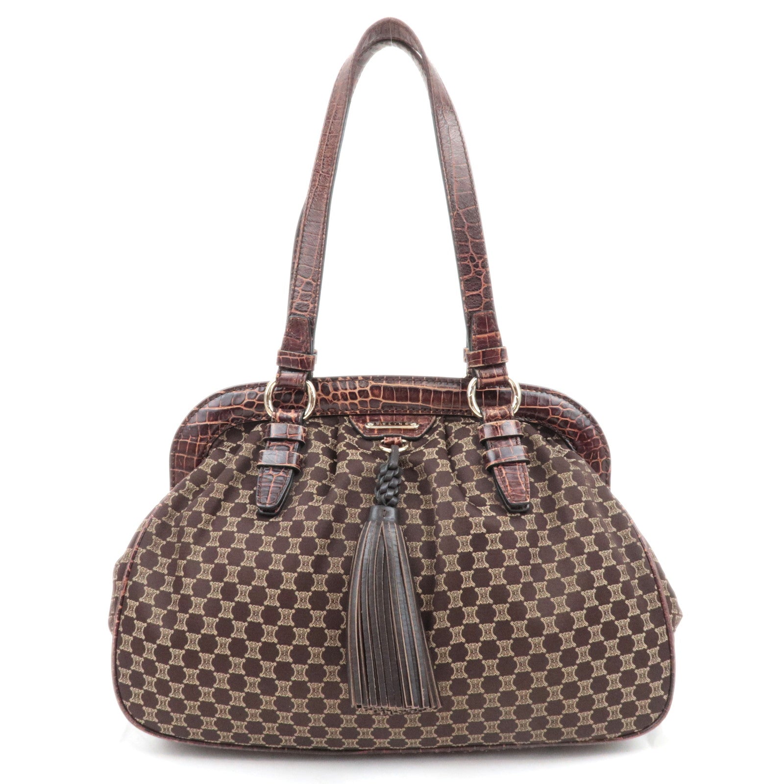 CELINE Macadam Canvas Embossed Leather Shoulder Bag Brown89372