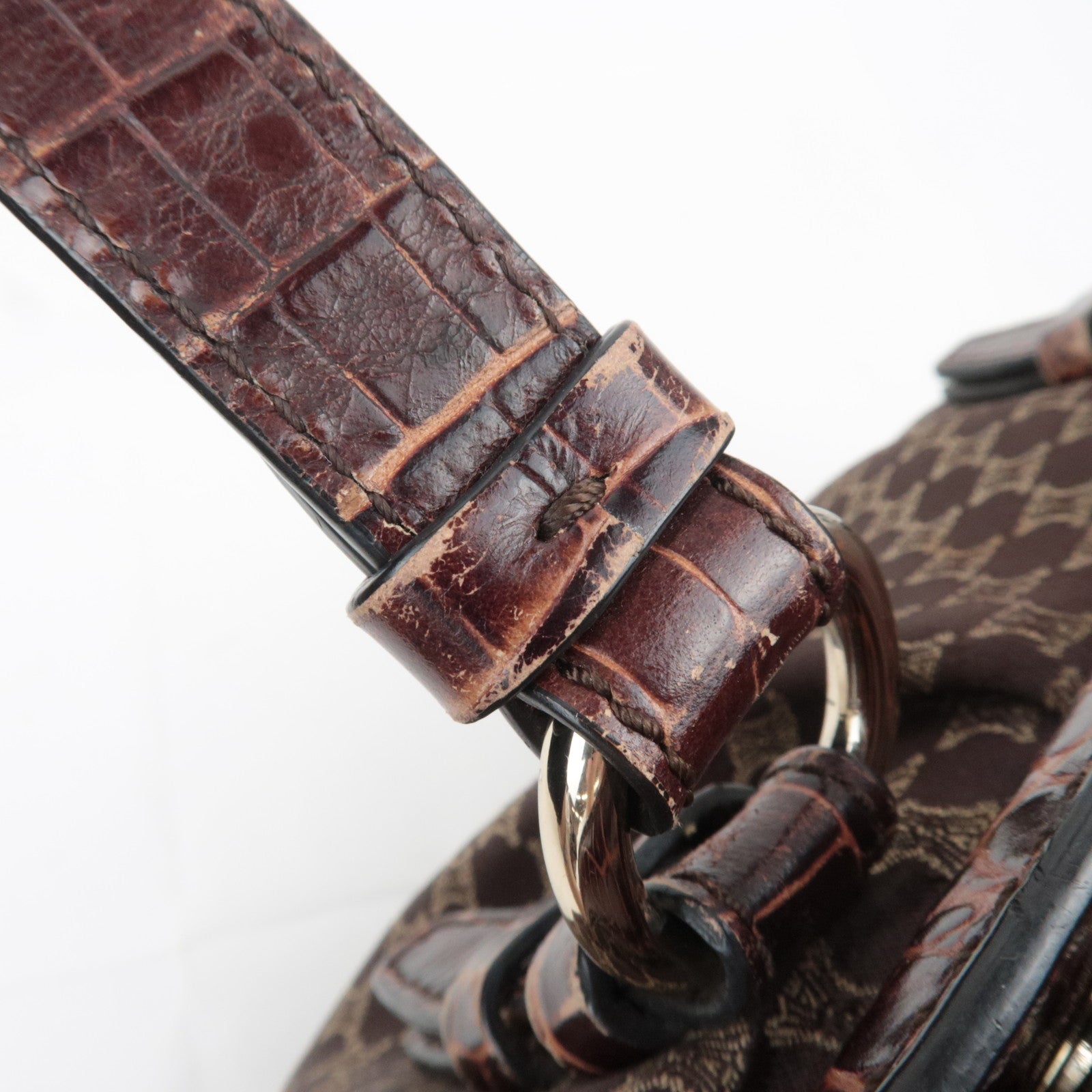 CELINE Macadam Canvas Embossed Leather Shoulder Bag Brown