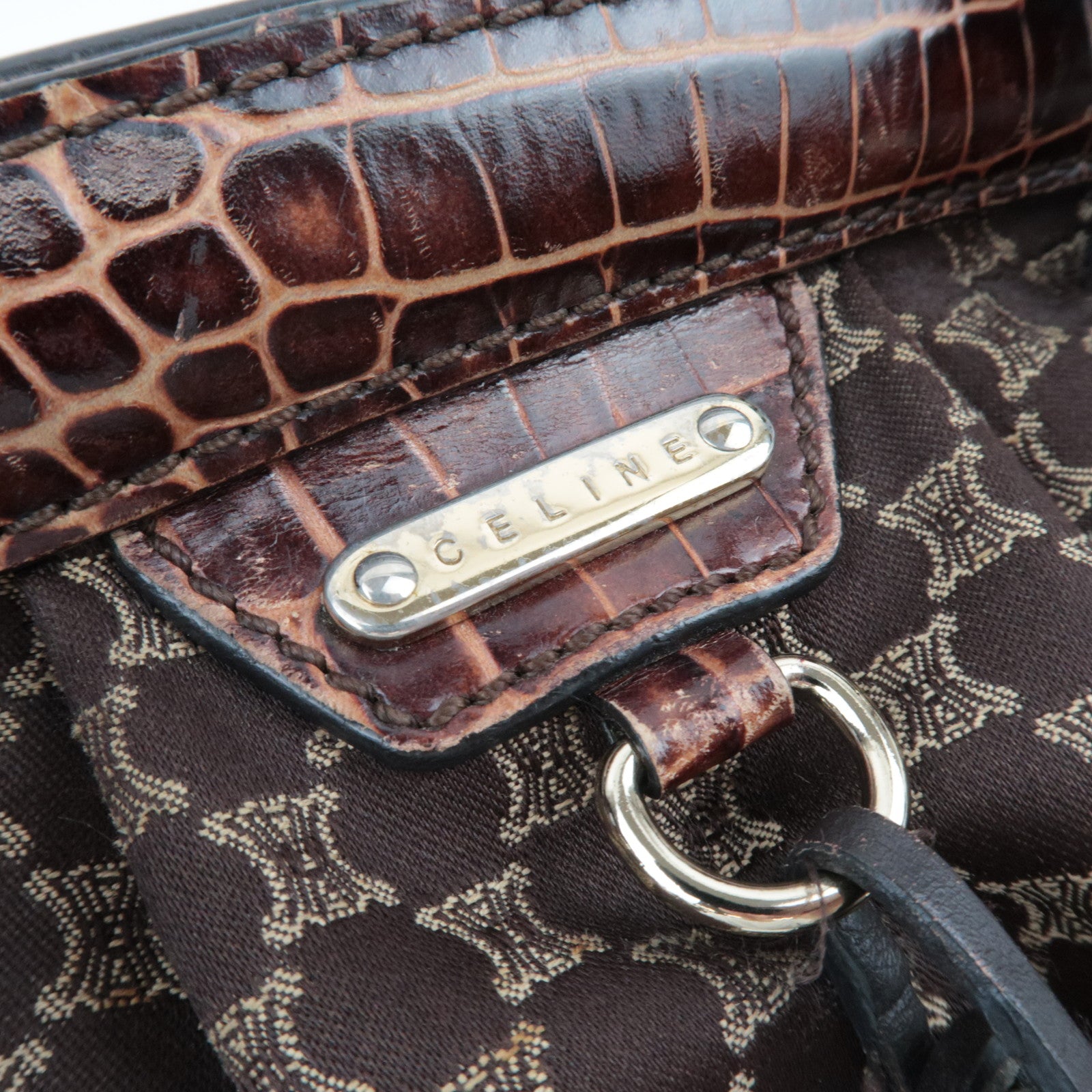 CELINE Macadam Canvas Embossed Leather Shoulder Bag Brown