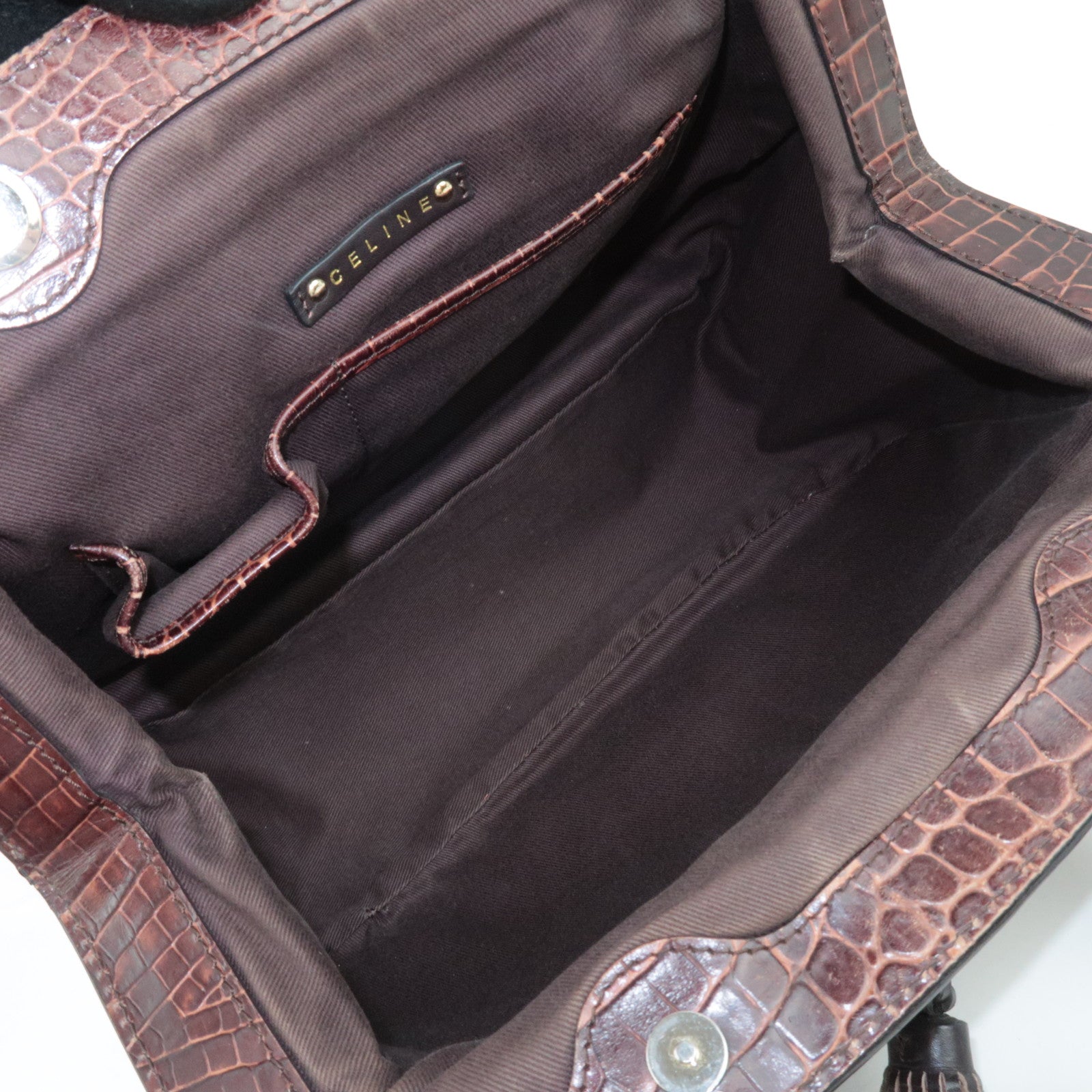 CELINE Macadam Canvas Embossed Leather Shoulder Bag Brown